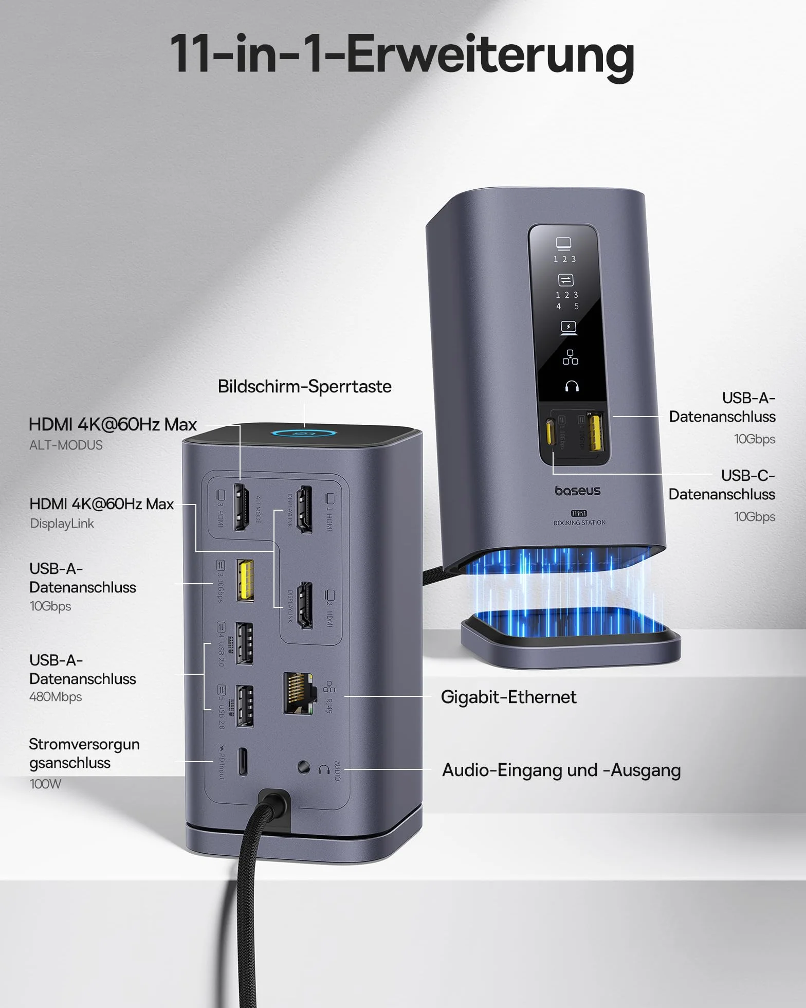 Baseus Spacemate Displaylink stacja dokująca USB C 11 w 1, 3 monitory 4K, 10 Gbps USB-C/A, 100 W PD, Ethernet, audio, do M1/M2/M3/Win i MacOS