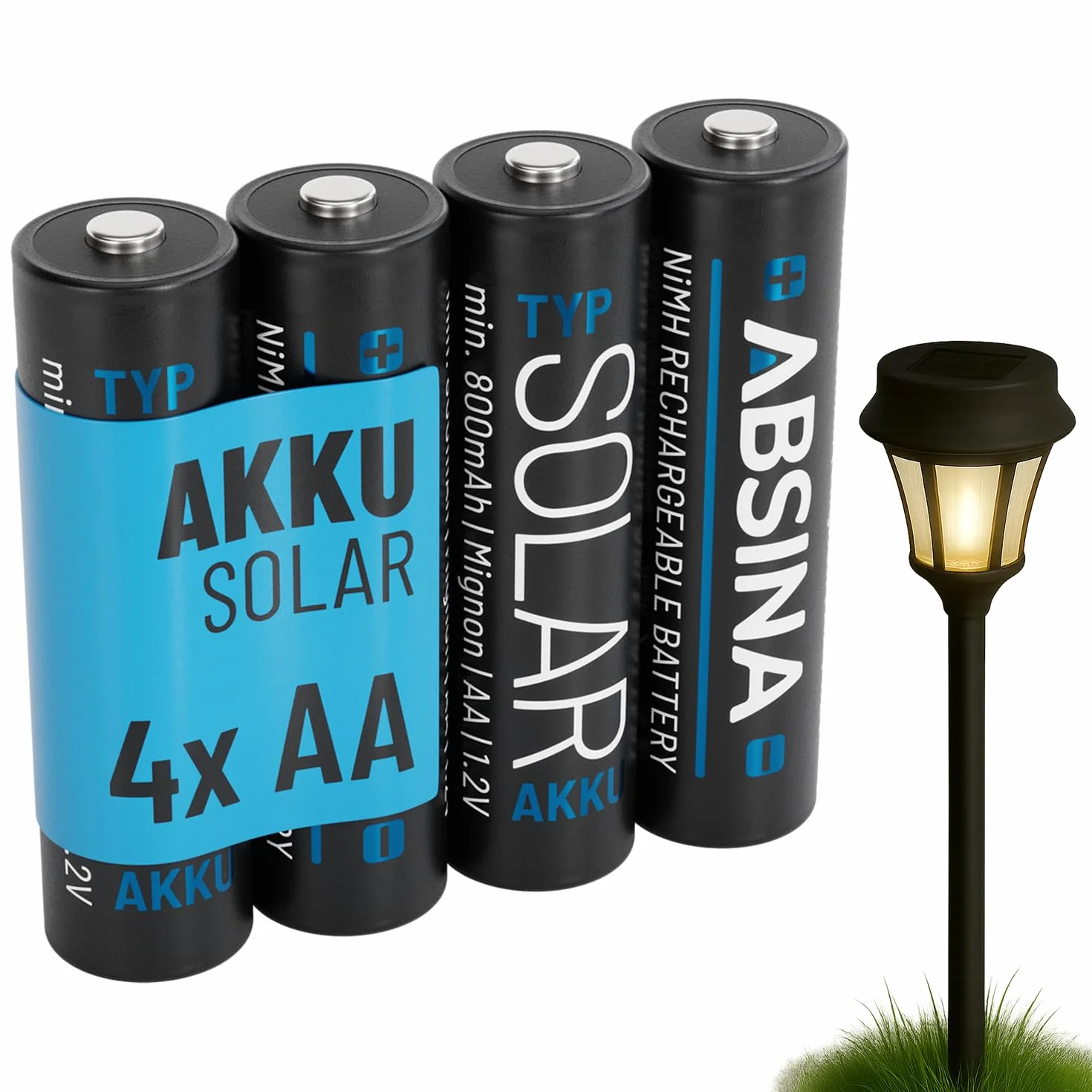 ABSINA 4 x bateria solarna AA do ponownego ładowania, 800 mAh, 1,2 V NiMH, ładowalne baterie AA do lampy solarnej, bateria AA do lamp solarnych, akumulatory AA, baterie AA