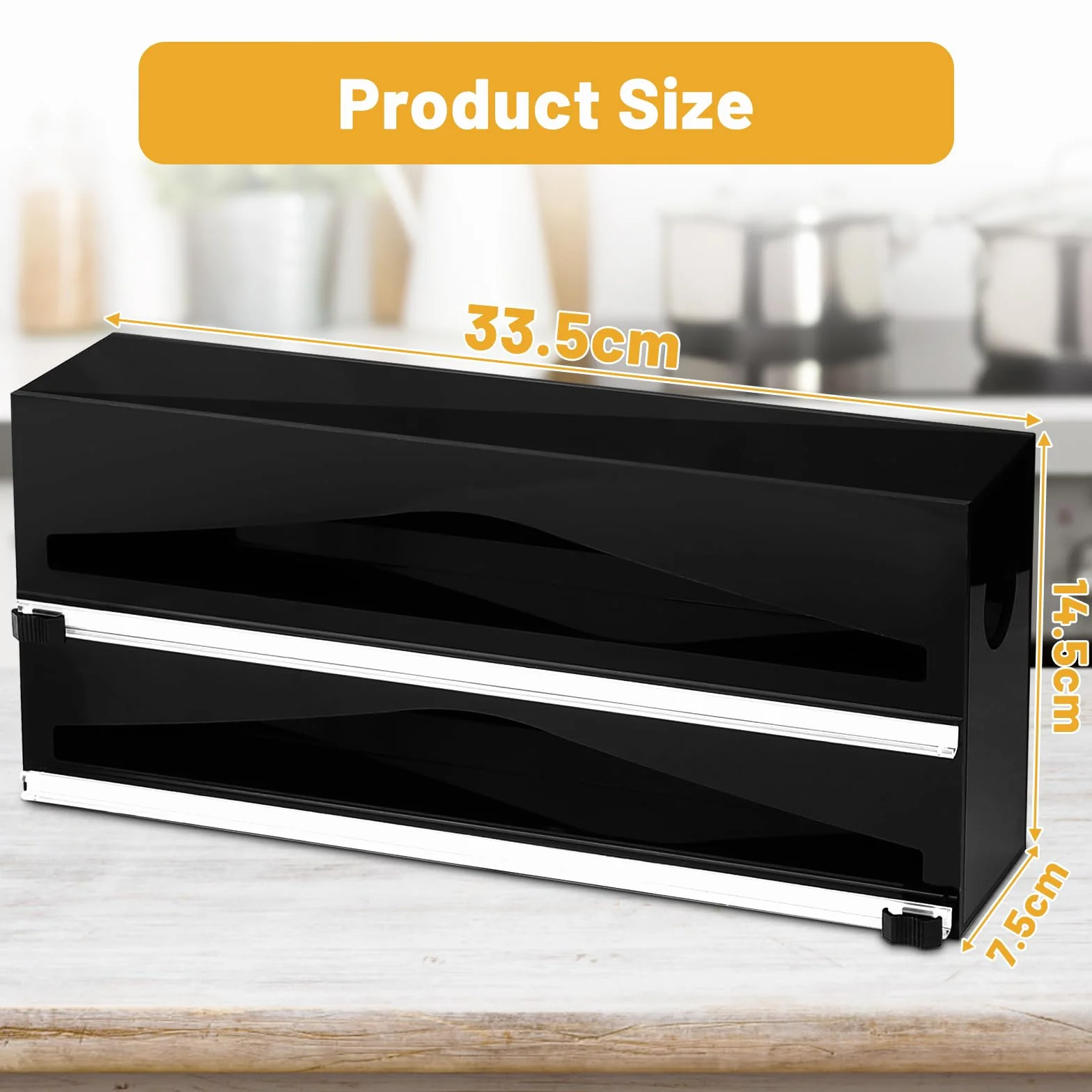 DBREAKS Akrylowy dozownik folii spożywczej, czarny dozownik folii spożywczej, aluminiowy organizer papieru, krajalnica do folii spożywczej do szuflady kuchennej