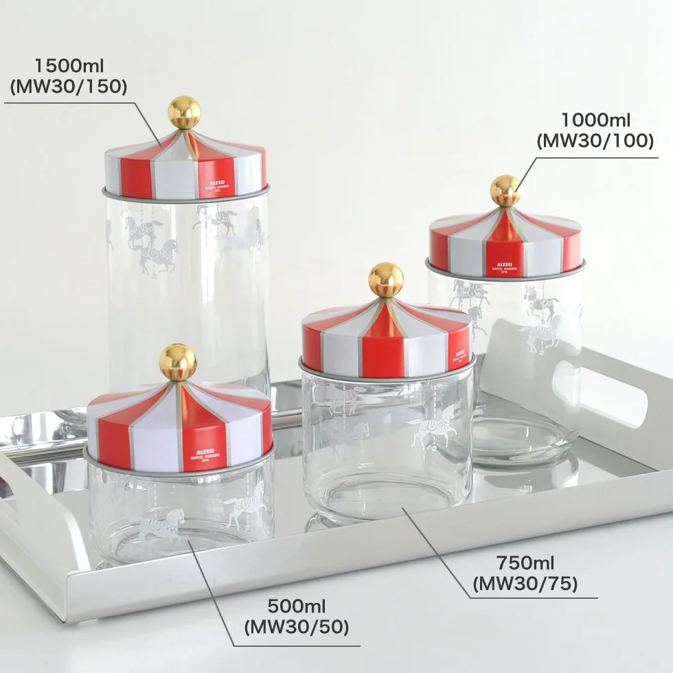 Alessi Circus MW30/50 - naczynie kuchenne na designerskie artykuły spożywcze, szkło z nadrukiem na ekranie z pokrywką z tasiemką, 50 cl