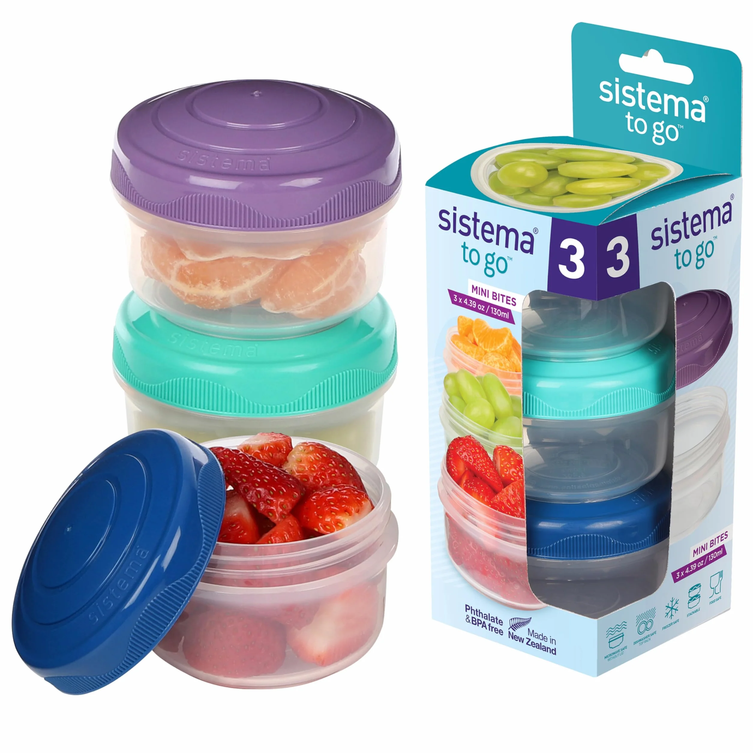 Sistema To Go Mini Bites Zestaw Pojemników na Żywność, Wielokolorowy, 3 x 130 ml