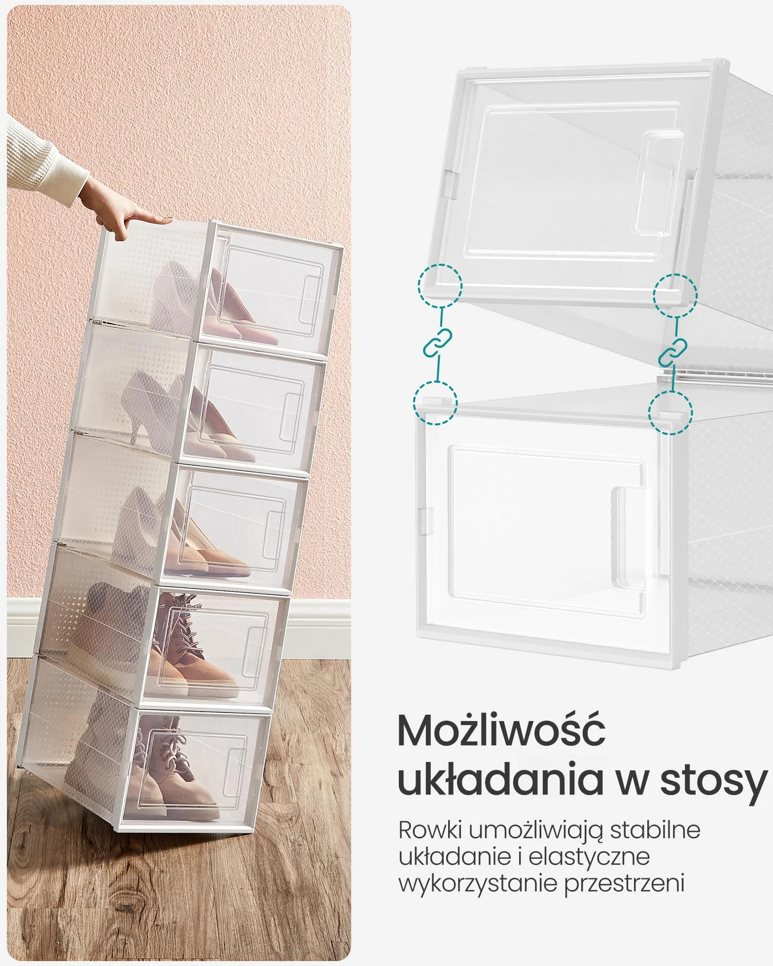 SONGMICS Pudełka na buty, pakowane po 12 pudełek na buty, składane i sztaplowane, do rozmiaru 46, przezroczysto-białe LSP12MWT