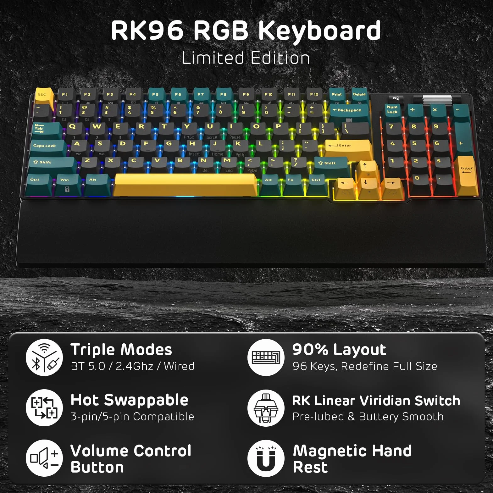 RK ROYAL KLUDGE RK96 RGB Limited Ed 90% 96 klawiszy bezprzewodowa tri-Mode BT5.0/2.4G/USB-C Hot-Swap klawiatura mechaniczna z podpórką pod nadgarstek