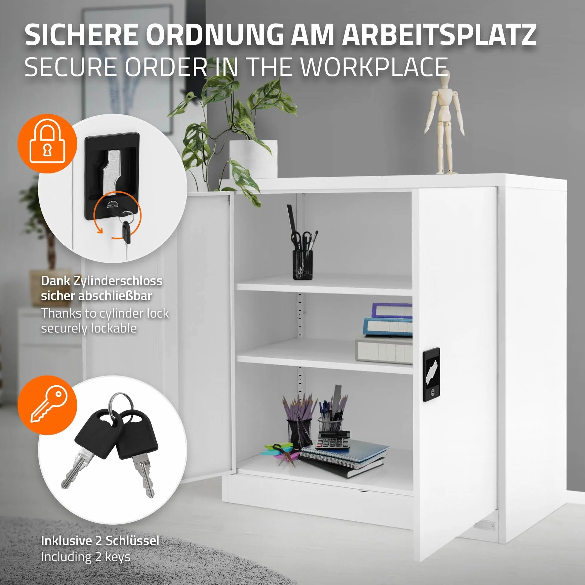 ML-Design szafka na akta, zamykana, 90 x 40 x 90 cm, biała, stalowa, 2 półki wkładane o regulowanej wysokości, szafka biurowa z 2 drzwiami, metalowa szafka do przechowywania, szafa do przechowywania