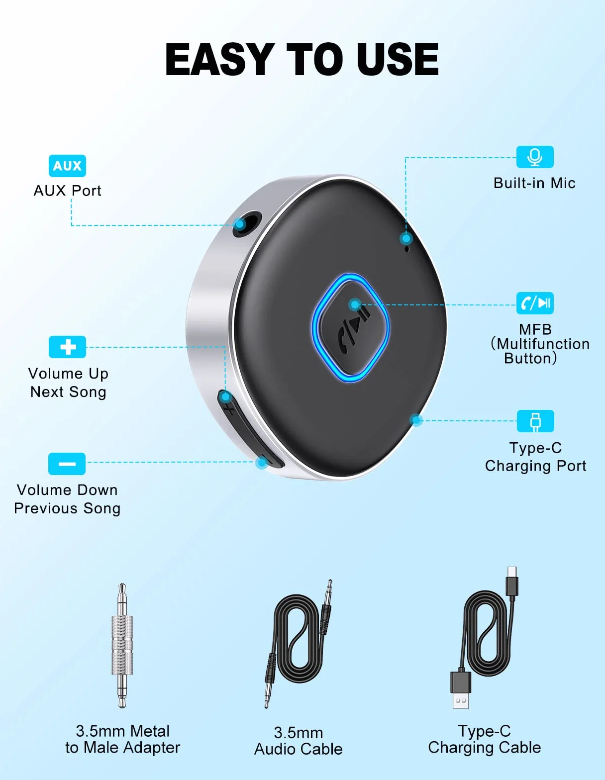 Mohard Samochodowy adapter AUX 3,5 mm, mini Bluetooth 5.3 Wzmacniacze samochodowe do stereo/głośników/słuchawek przewodowych, adapter samochodowy Bluetooth AUX, połączenia głośnomówiące, podwójne