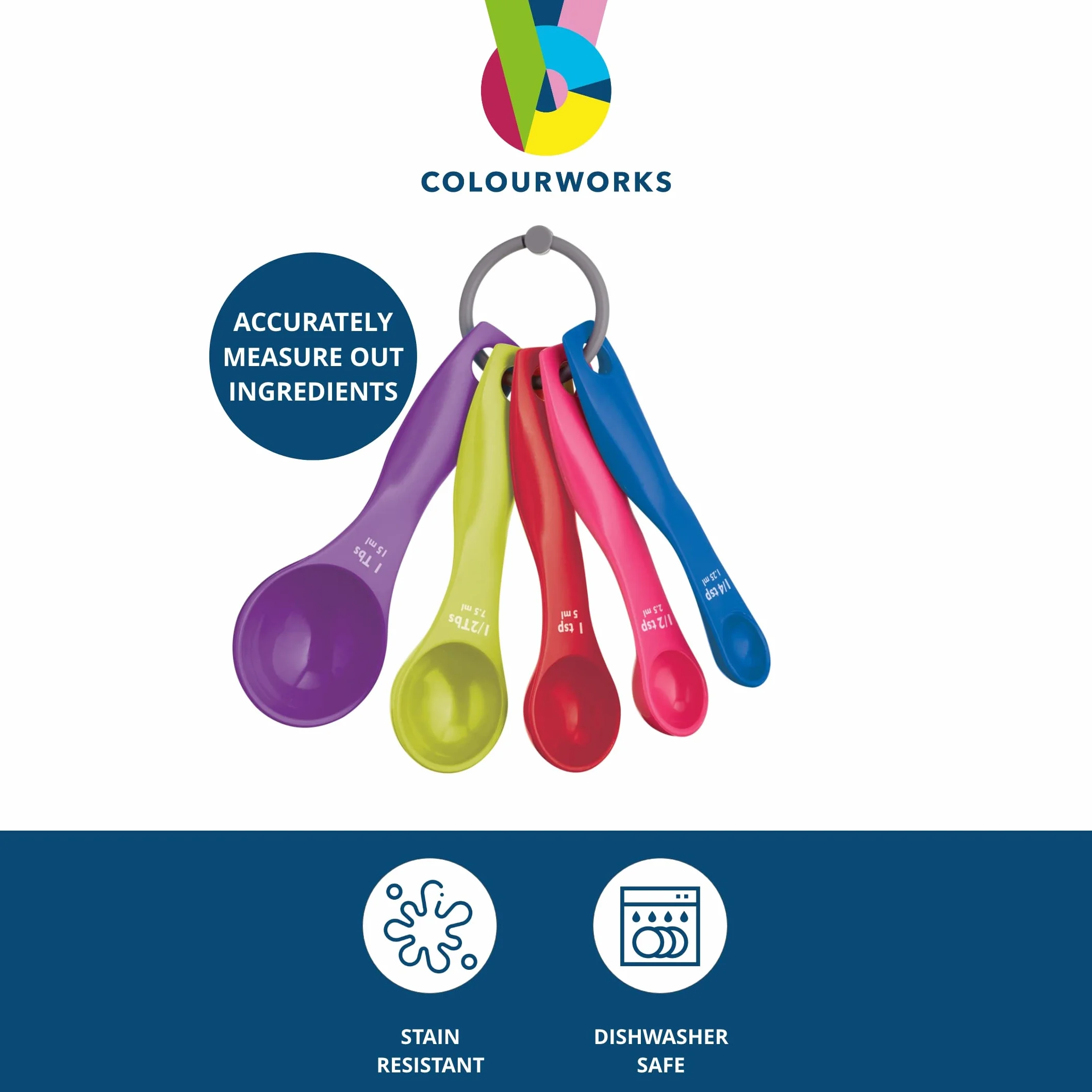 Colourworks Zestaw łyżek pomiarowych, 5 łyżek do pomiaru żywności, trwałe, odporne na plamy i nadają się do mycia w zmywarce, tworzywo sztuczne, jasne kolory, jasne