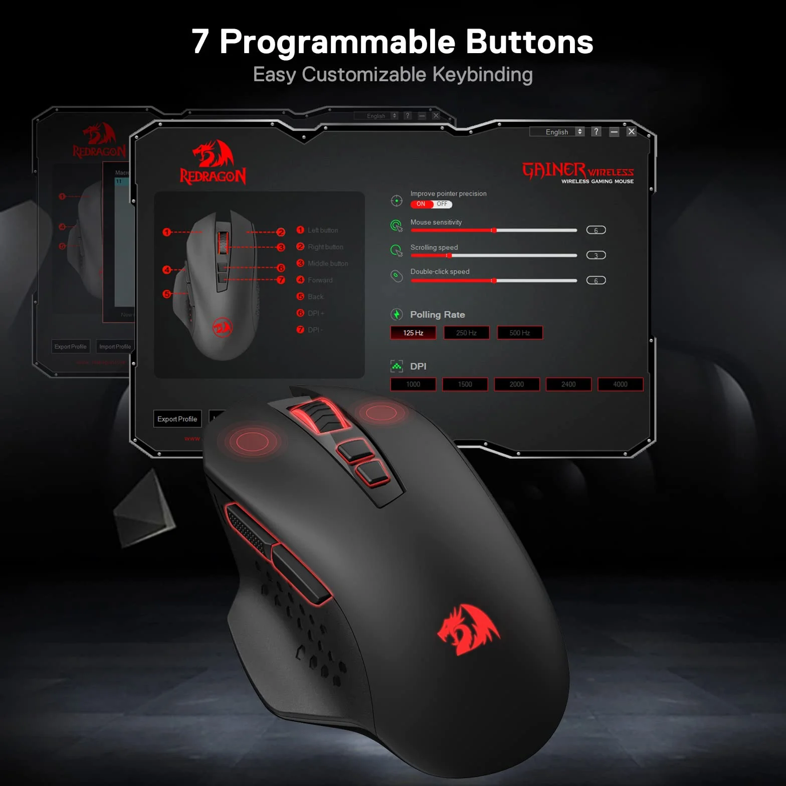 Redragon M656 Gainer bezprzewodowa mysz do gier 4000 DPI 2,4 GHz 5 poziomów DPI 7 przycisków makro czerwone podświetlenie LED