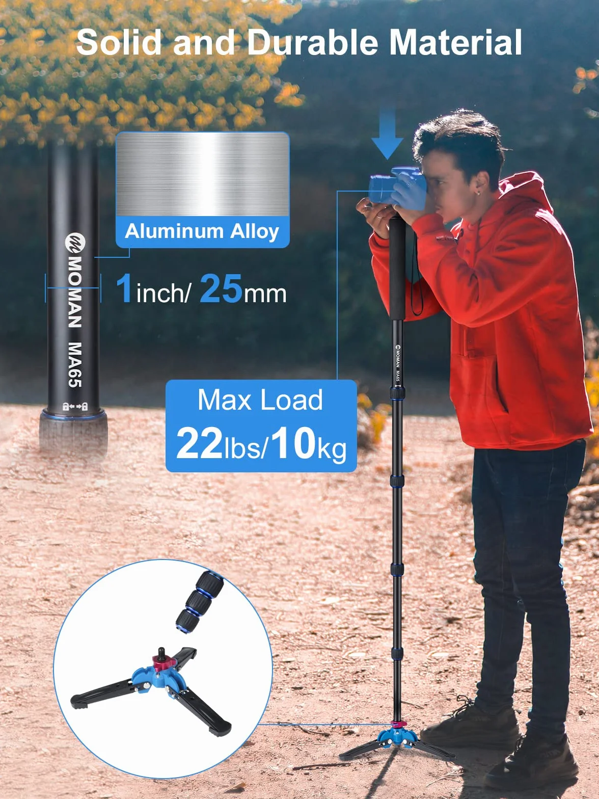 Moman Statyw Monopod z Nóżkami Do Aparatu Dslr Camcorder Dv, Lekki Przenośny Stop Aluminium Unipod, Podstawa Statywu W Zestawie, 5 Sekcji Do 163 cm