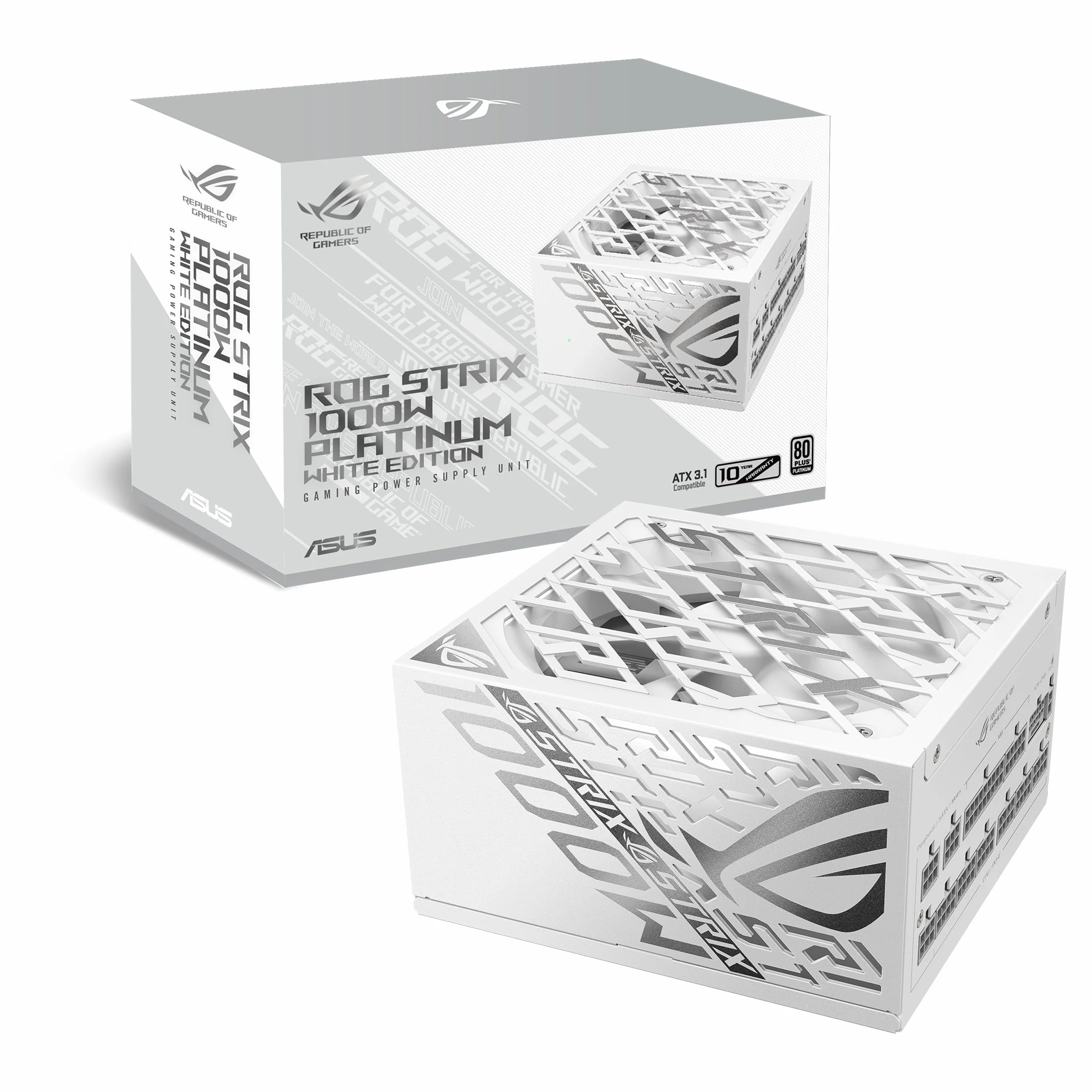 Asus ROG Strix 1000W Platinum White PSU, w pełni modułowy, 80+ Platinum, ATX 3.1, PCIe 5.0, GaN MOSFET, inteligentny stabilizator napięcia