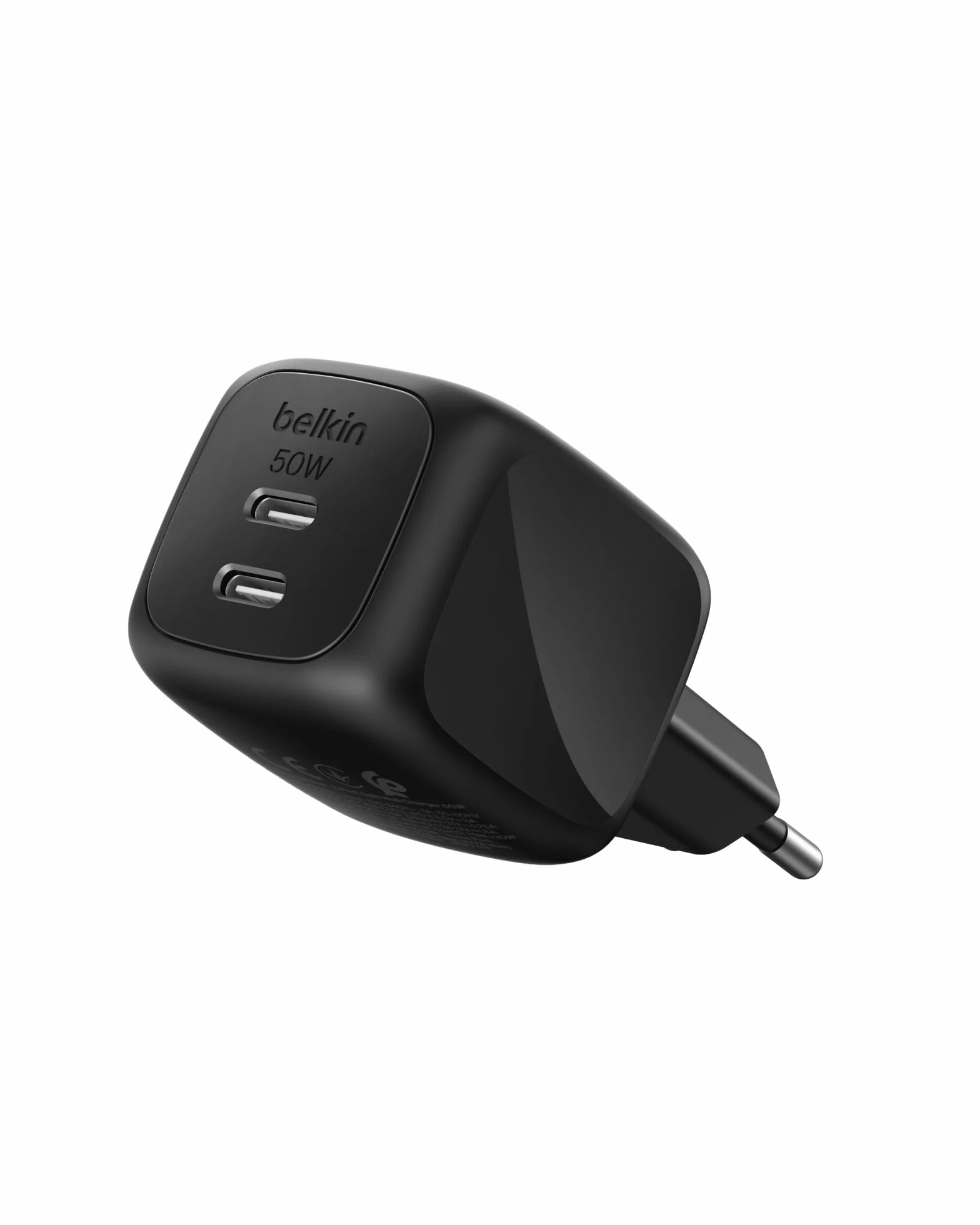 Belkin 2-portowa Ładowarka USB-C 50 W, Ładowarka GaN z 2 Portami USB-C, Szybkie Ładowanie Urządzeń MacBook, iPhone 17, iPad Pro, Chromebook, Galaxy S25 Ultra, Pixel 10 – Akcesoria Podróżne – Czarna