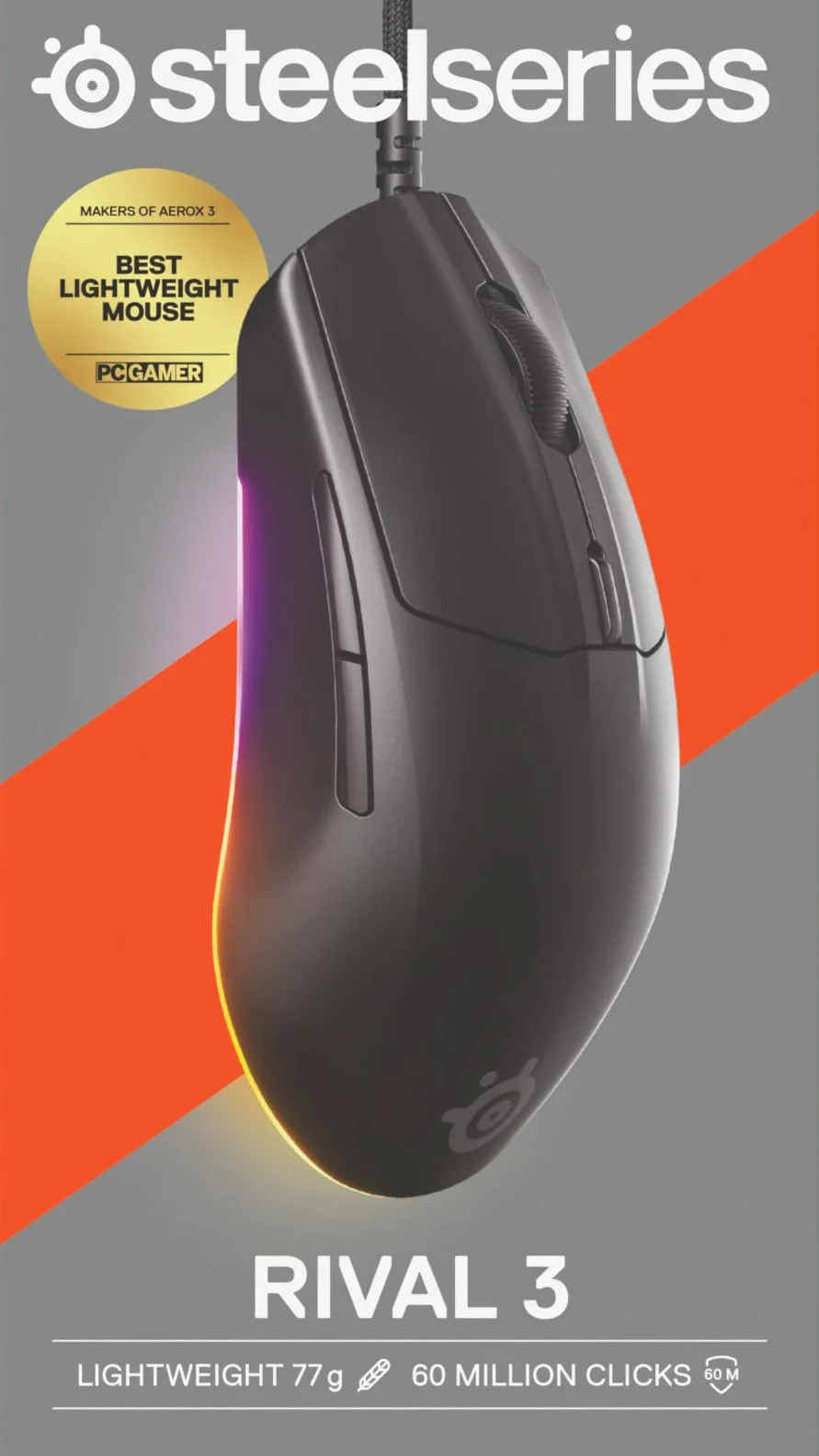 SteelSeries Rival 3 Gen 2 Mysz do Gier, Sensor Optyczny TrueMove Core 8500 DPI, 77g, PTFE, RGB, Czarna