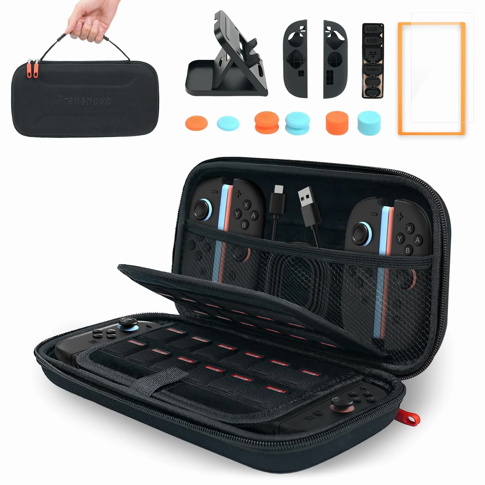 TRANSNOVO Etui do przenoszenia na Nintendo Switch 2 2025 – etui podróżne All in One Switch 2 z 24 przegródkami na karty do gier i akcesoriami do zestawu, osłona ekranu, uchwyt na kciuk, stojak, osłona