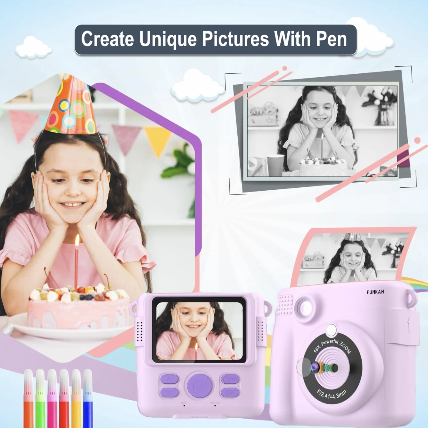Aparat fotograficzny dla dzieci Natychmiastowe drukowanie,- 2,4" HD 1080P- z kartą SD 32GB, 5 markerów, naklejki, 5 rolek papieru, wisiorek. Aparat dla dzieci i dziewcząt. (Fioletowy)