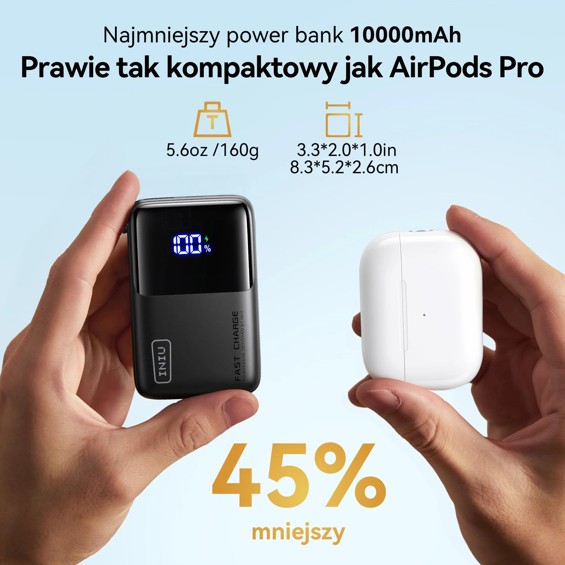 INIU Power Bank, 45W 10000mAh Mini Portable Charger, With Strong USB-C In&Out Cable, PD QC Fast Charging External Battery Pack for iPhone 16/15/14/13, Samsung, Google, MacBook, iPad etc