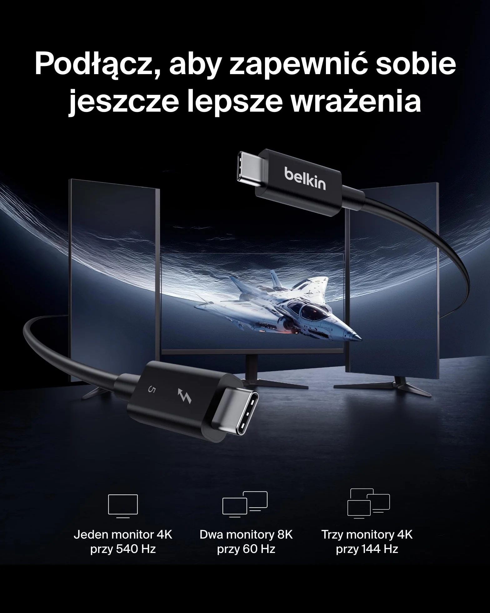 Belkin Kabel USB-C Thunderbolt 5 240 W PD, Bandwidth Boost do 120 Gb/s, 3 razy szybsza transmisja danych, rozdzielczość 4K UHD, 1 m – kabel USB-C do szybkiego ładowania z certyfikatem Intel – czarny