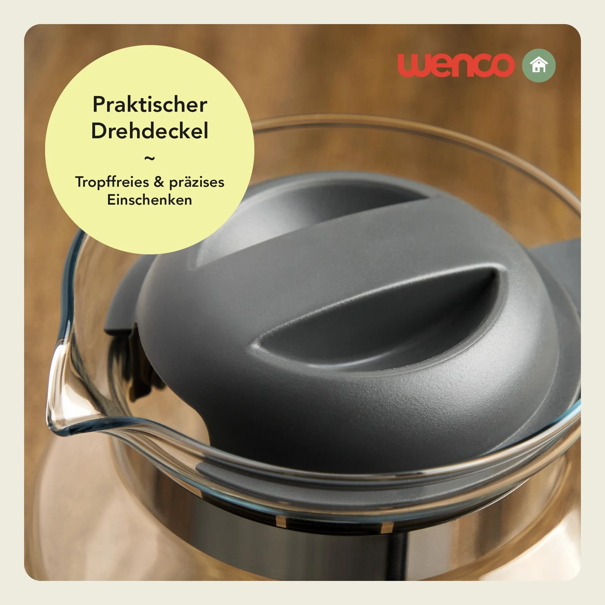 wenco Dzbanek szklany 1,25 l – idealny do herbaty, kawy i zimnych napojów, odporny na wysokie temperatury, z pokrywką i otworem dzióbek – nadaje się do mycia w zmywarce i nietłukący –
