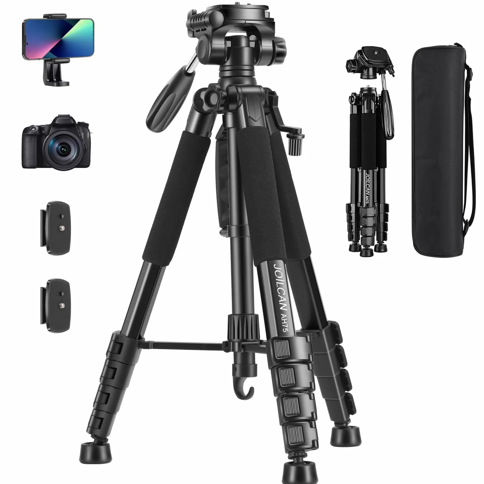 JOILCAN Statyw do aparatu 75 cali do Canon Nikon, lekki statyw DSLR z odłączaną głowicą i uniwersalnym uchwytem na telefon, wzmocniony aluminiowy wysoki statyw do Vlog maksymalne obciążenie 6,4 kg