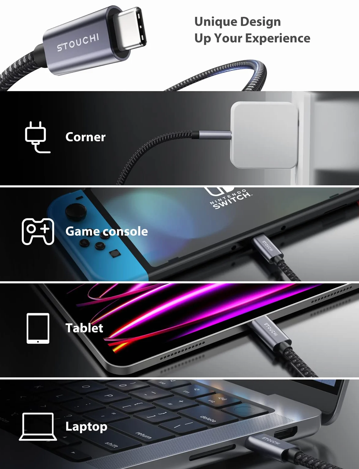 Stouchi przedłużacz USB C 6 FT 1,84 M męski na żeński kabel do szybkiego ładowania transmisji danych audio kompatybilny z przełącznikiem Thunderbolt 3 Mac Book Pro Google Pixel 5 2 XL 3