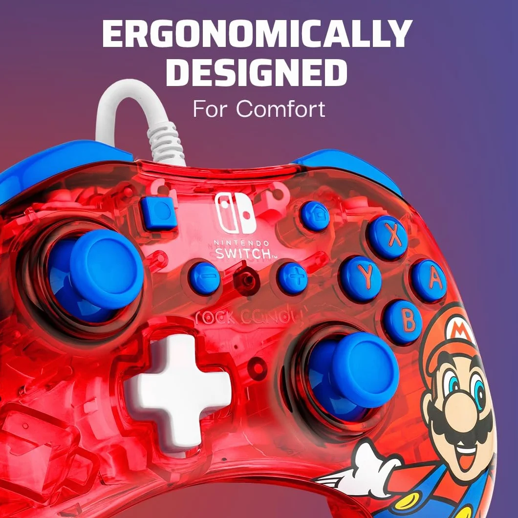PDP Rock Candy przewodowy Gaming Switch Pro kontroler - Mario - Czerwony - Official License Nintendo - OLED/Lite Compatible, Compact, Durable Travel kontroler