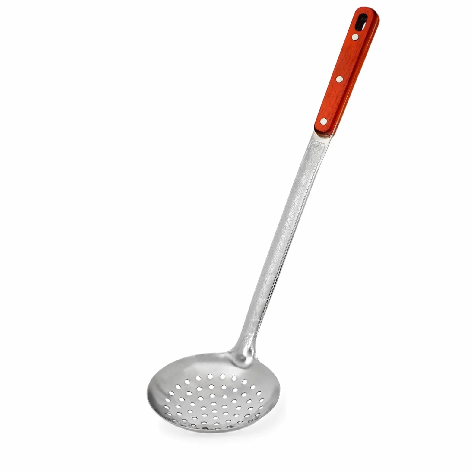 Kazan łyżka cedzakowa zestaw 44 cm 43 cm 47 cm drewniany uchwyt zdobione ornamenty