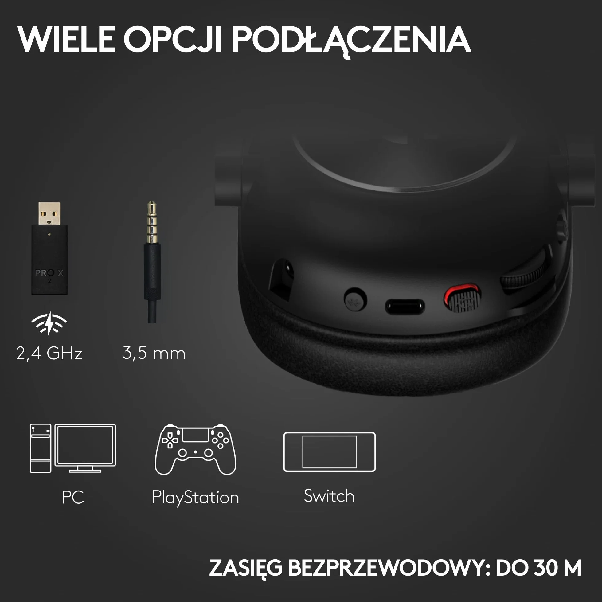 Logitech G PRO X 2 LIGHTSPEED, bezprzewodowe słuchawki, odłączane ramię mikrofonu, grafenowe 50 mm, DTS:X 2.0–7.1 Surround, Bluetooth/USB/Aux 3,5 mm, PC, PS5, PS4, Nintendo Switch - Czarny