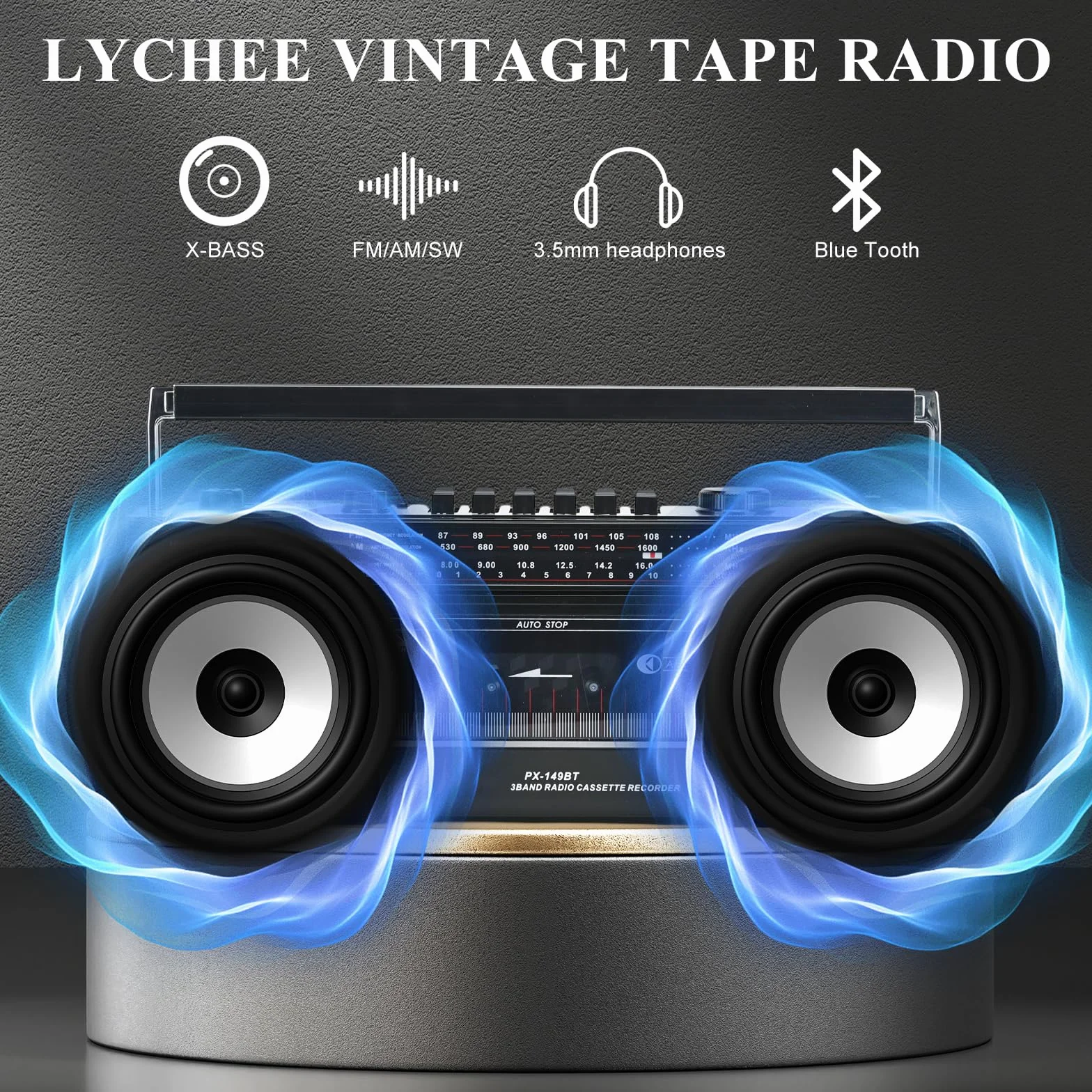 Lychee Przenośny magnetofon, magnetofon kasetowy vintage z radiem AM/FM/SW, wbudowany głośnik, AC/DC, gniazdo słuchawkowe 3,5 mm, obsługa karty SD/wejście USB (czarny)