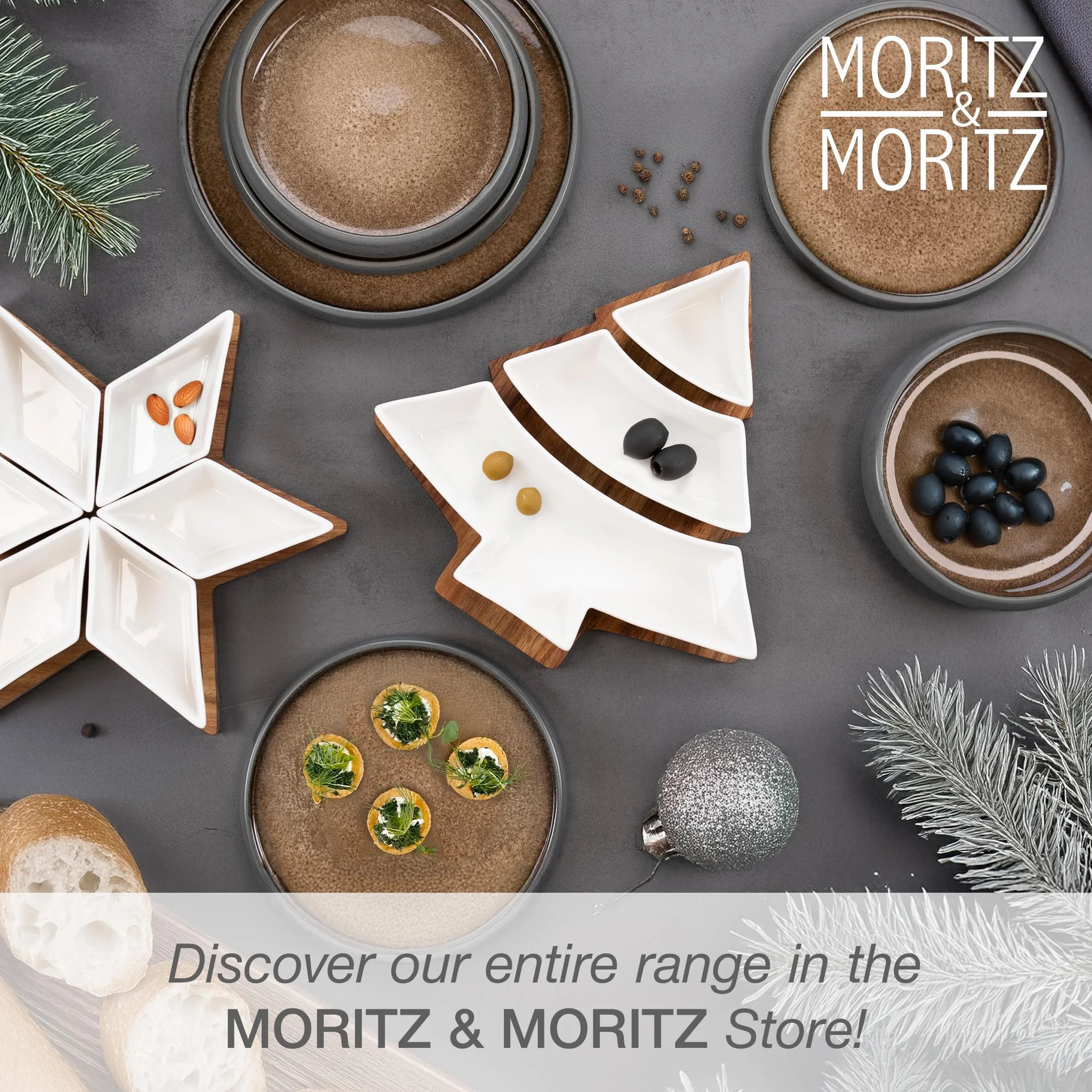 Moritz & Moritz Zestaw miseczek do serwowania Boże Narodzenie Choinka - zestaw miseczek do dipów z drewnianą tacy z drewna akacjowego - ceramiczne miseczki na przekąski, dip, ciastka i świąteczne