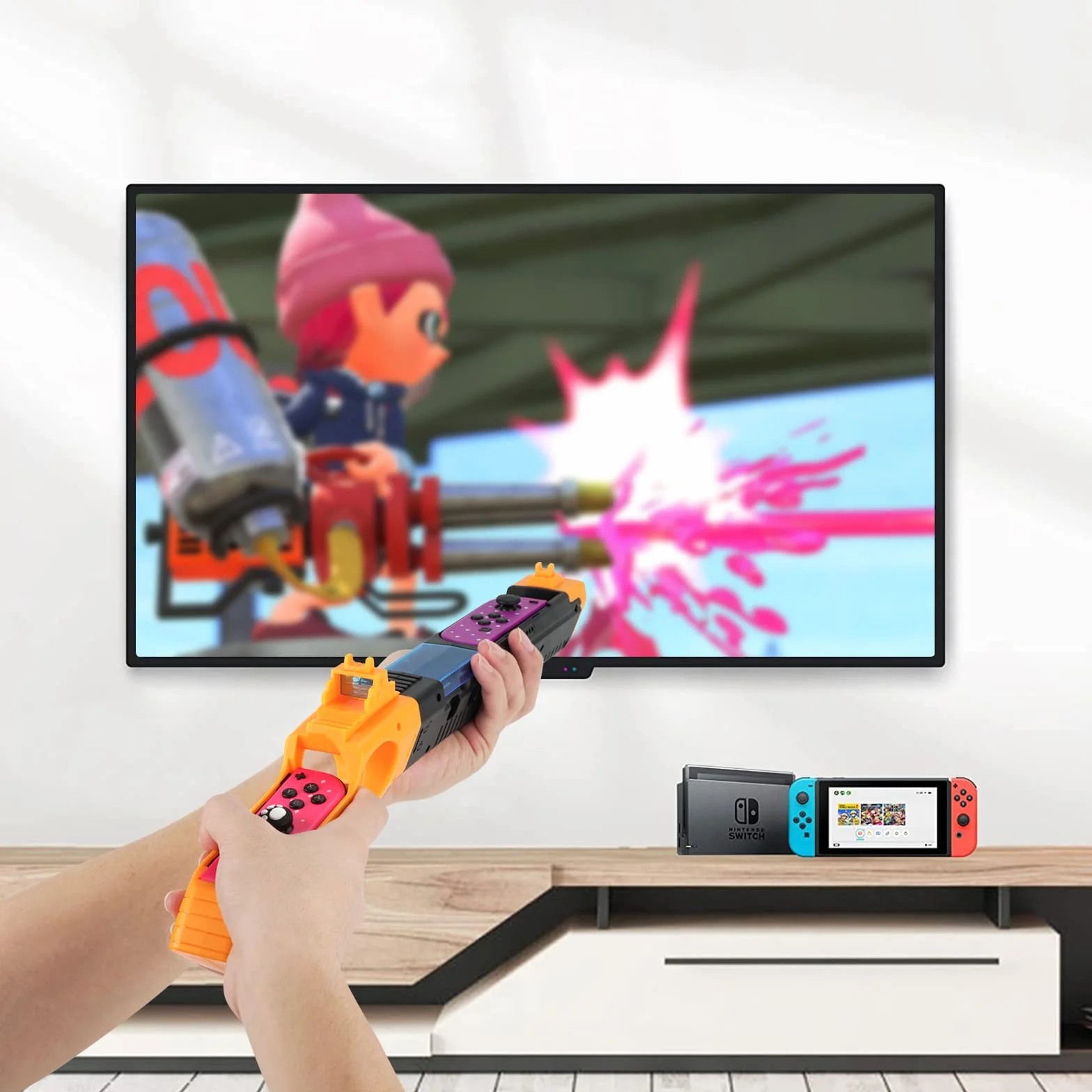 Geekria Kontroler pistoletu do gier kompatybilny z przełącznikiem Nintendo/OLED Joy-Cons Gun Shooting Akcesoria do gier, kompatybilny z Splatoon 3, z miejscem na karty do gry (czarny brąz)