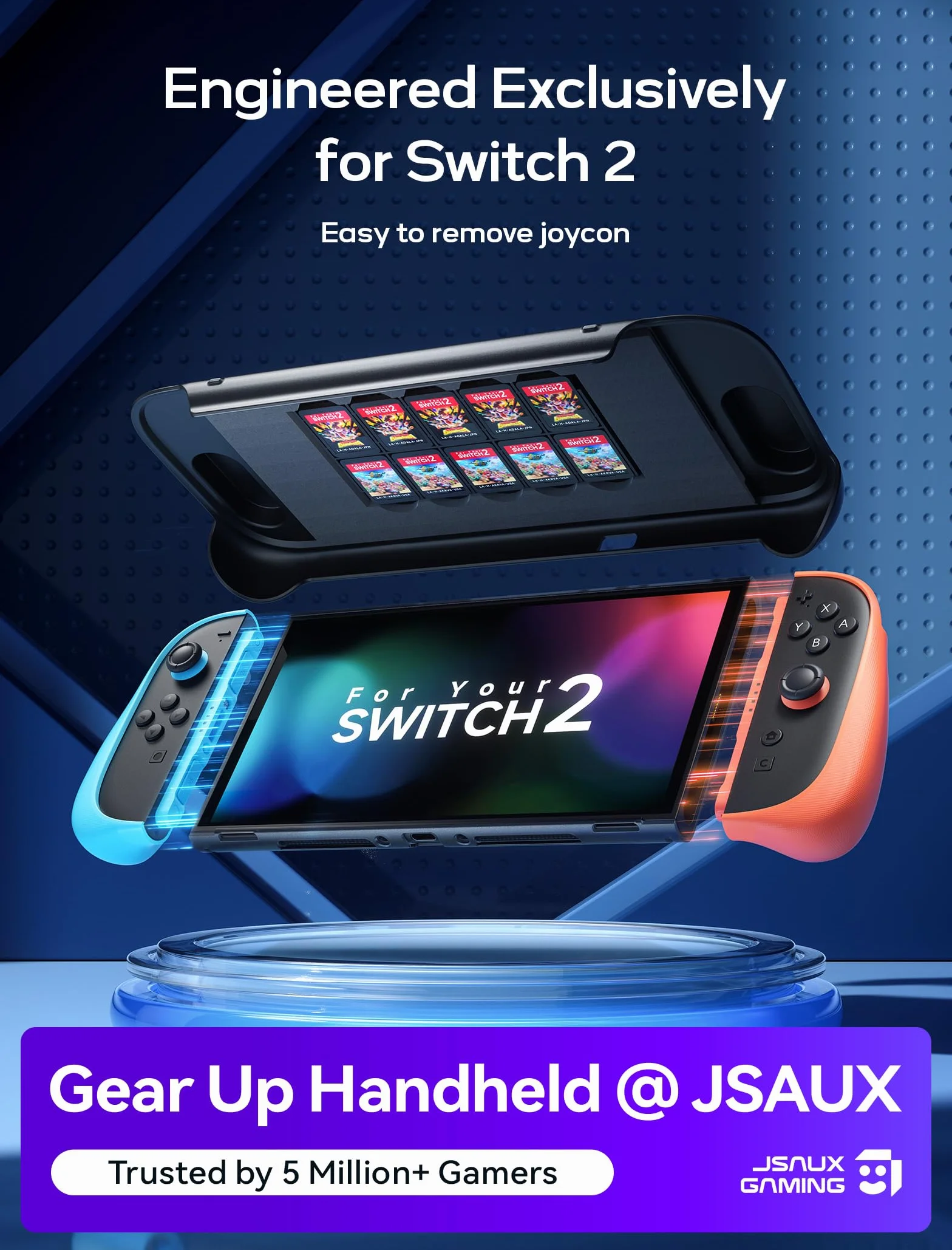 JSAUX Podzielone etui ochronne na Nintendo Switch 2, TPU i PC, antypoślizgowy ergonomiczny uchwyt, przechowywanie 10 kart do gier, niebieski