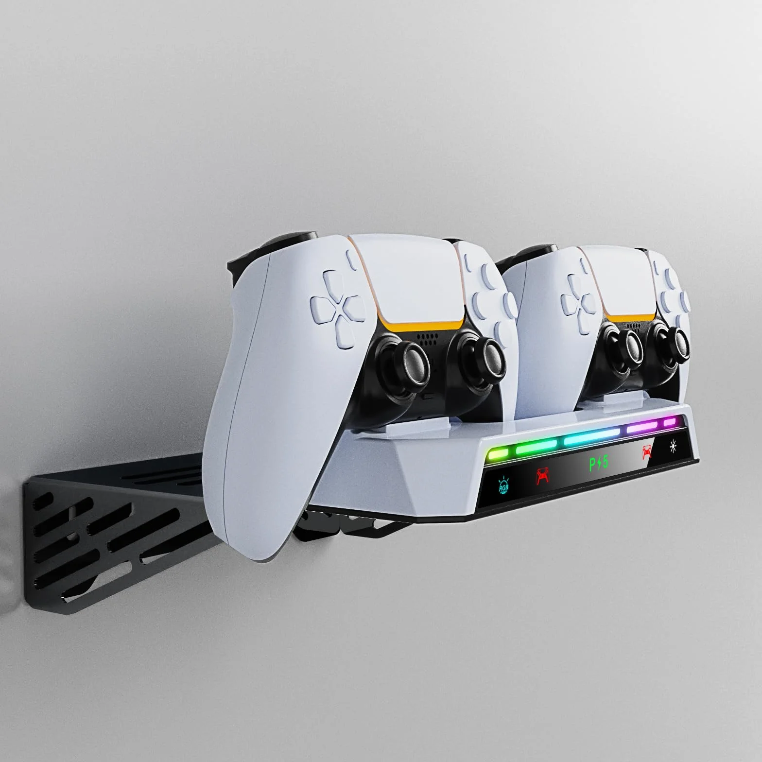 Stojak ścienny do PS5/PS5 Slim/PS5 Pro z RGB Light Bar, ładowarką i wieszakiem na słuchawki