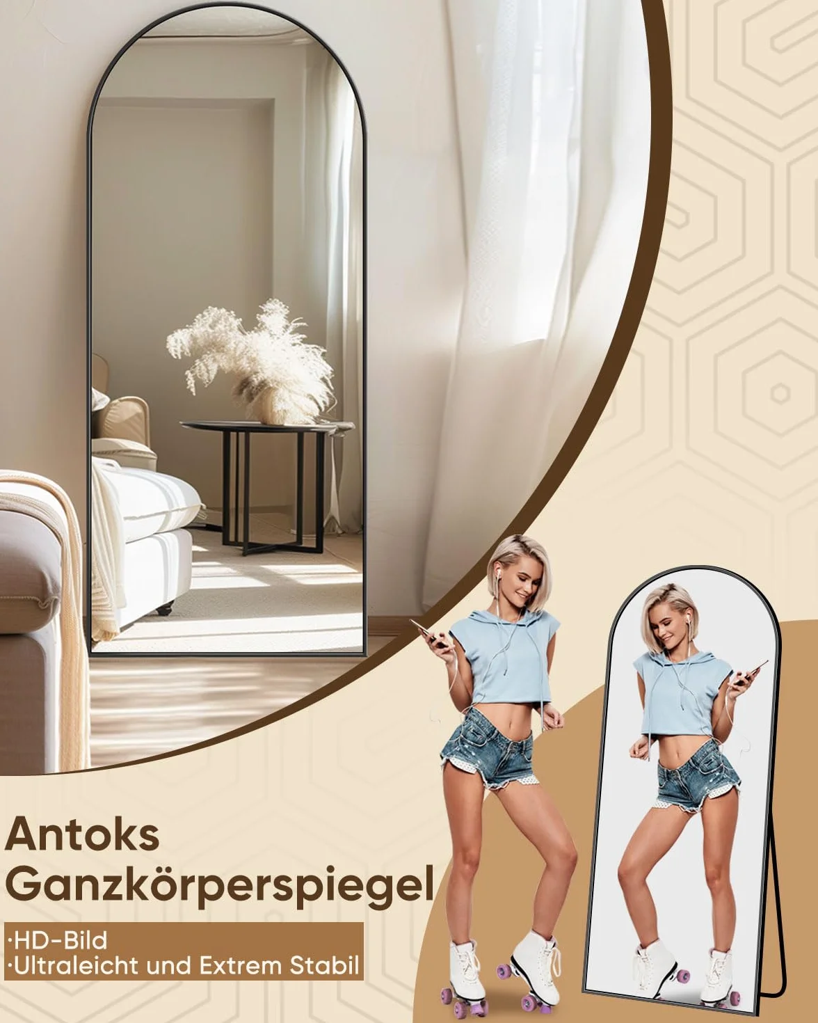 Antok Pełne lustro 147 x 45 cm stojące ścienne z ramą aluminiową czarne