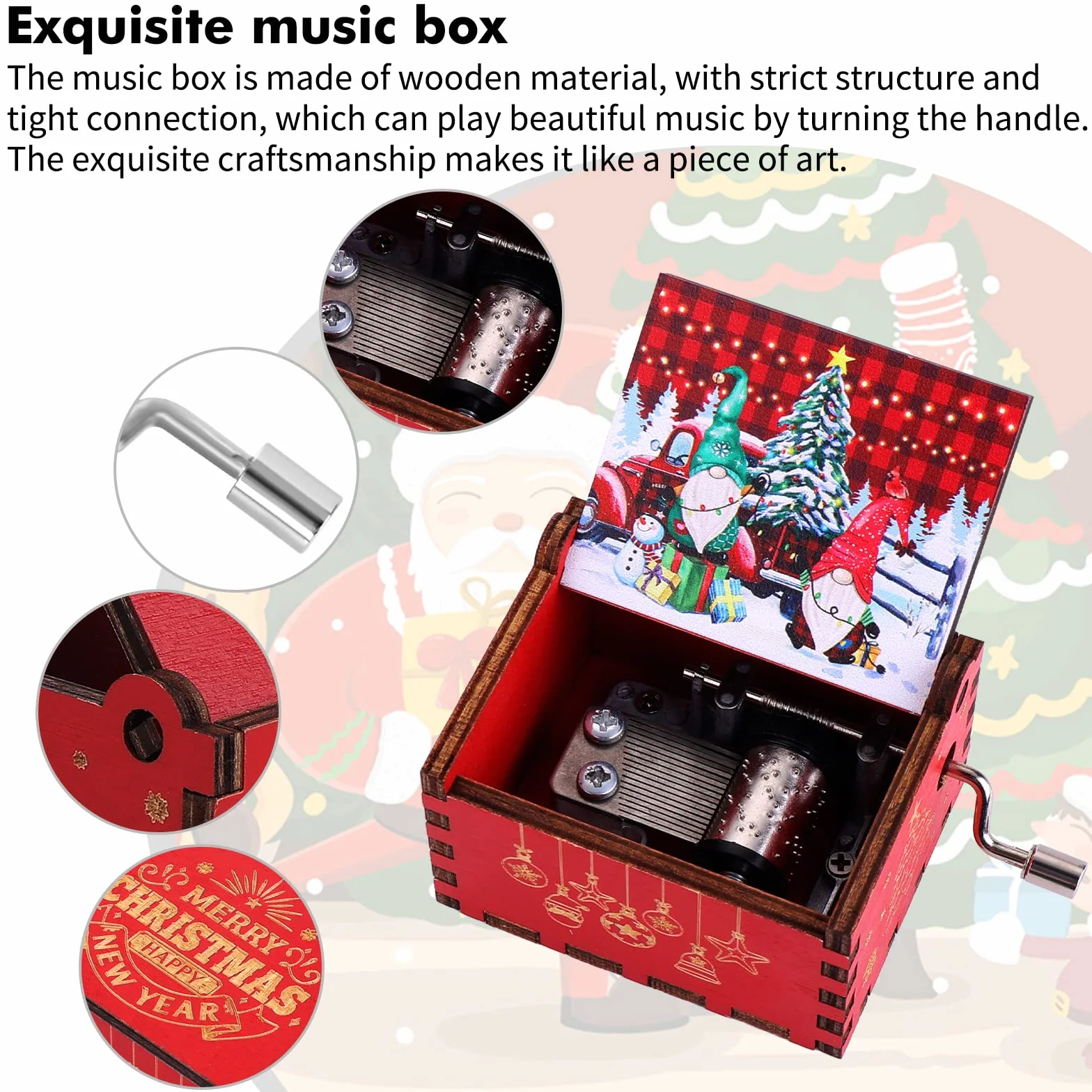 Cobee Boże Narodzenie Jingle Bells ręczna pozytywka, drewniana pozytywka w stylu vintage, grawerowana, Wesołych Świąt Bożego Narodzenia, prezenty na Nowy Rok, Boże Narodzenie, dla chłopców i dziewcząt