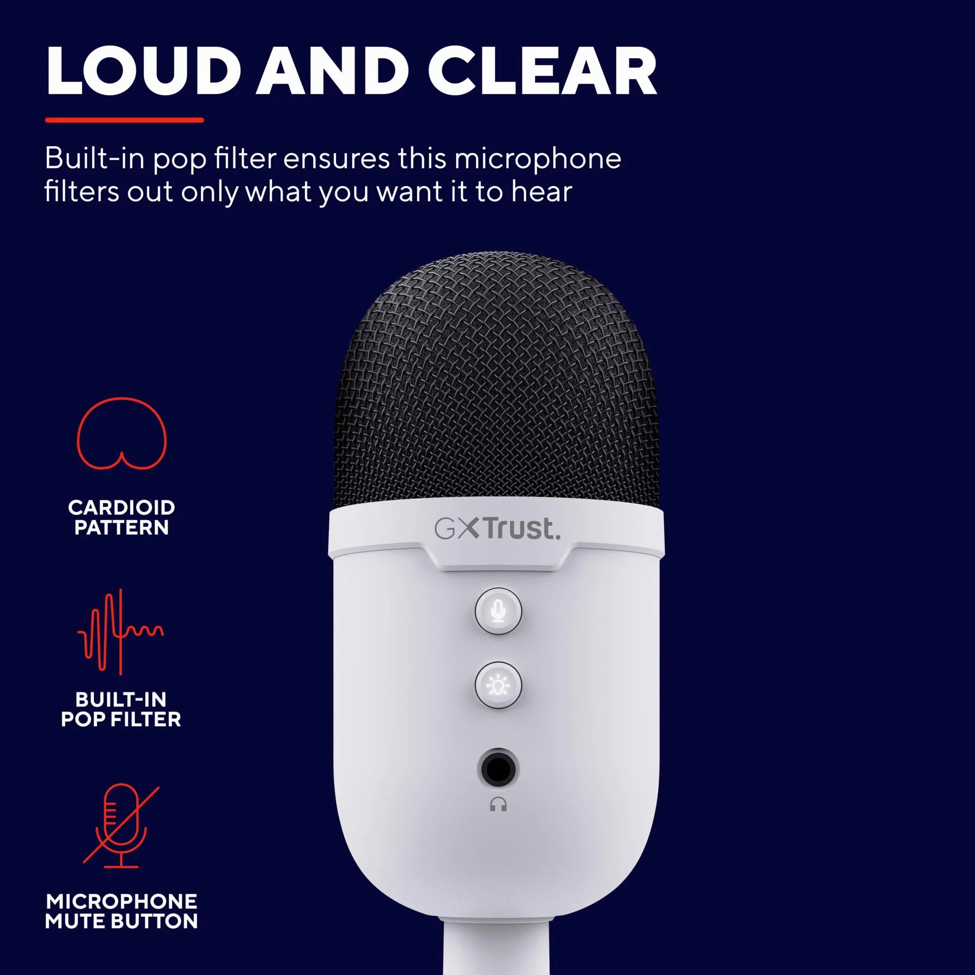 GXTrust 236W Yami Mikrofon pojemnościowy USB do Podcastów, Twitch Discord ASMR Youtube Playstation 5, mikrofon do gier z kardioidalnym wzorem nagrywania, podświetlenie RGB, biały