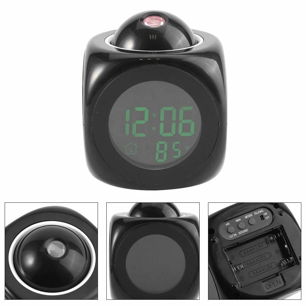 Zegar projekcyjny Haofy, budzik LED, wielofunkcyjna cyfrowa projekcja ścienna LCD Nastrój Mówiący wyświetlacz temperatury do sypialni, sufitu, kuchni, biurka, półki, ściany