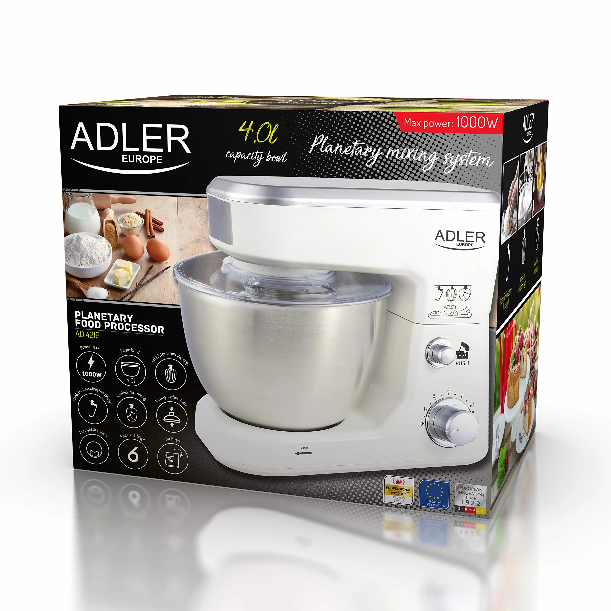ADLER EUROPE AD 4216 Robot Planetarny 1000W, 3 Mieszadła, 6 Prędkości, Misa ze stali 4L, Pokrywa, Szpatułka