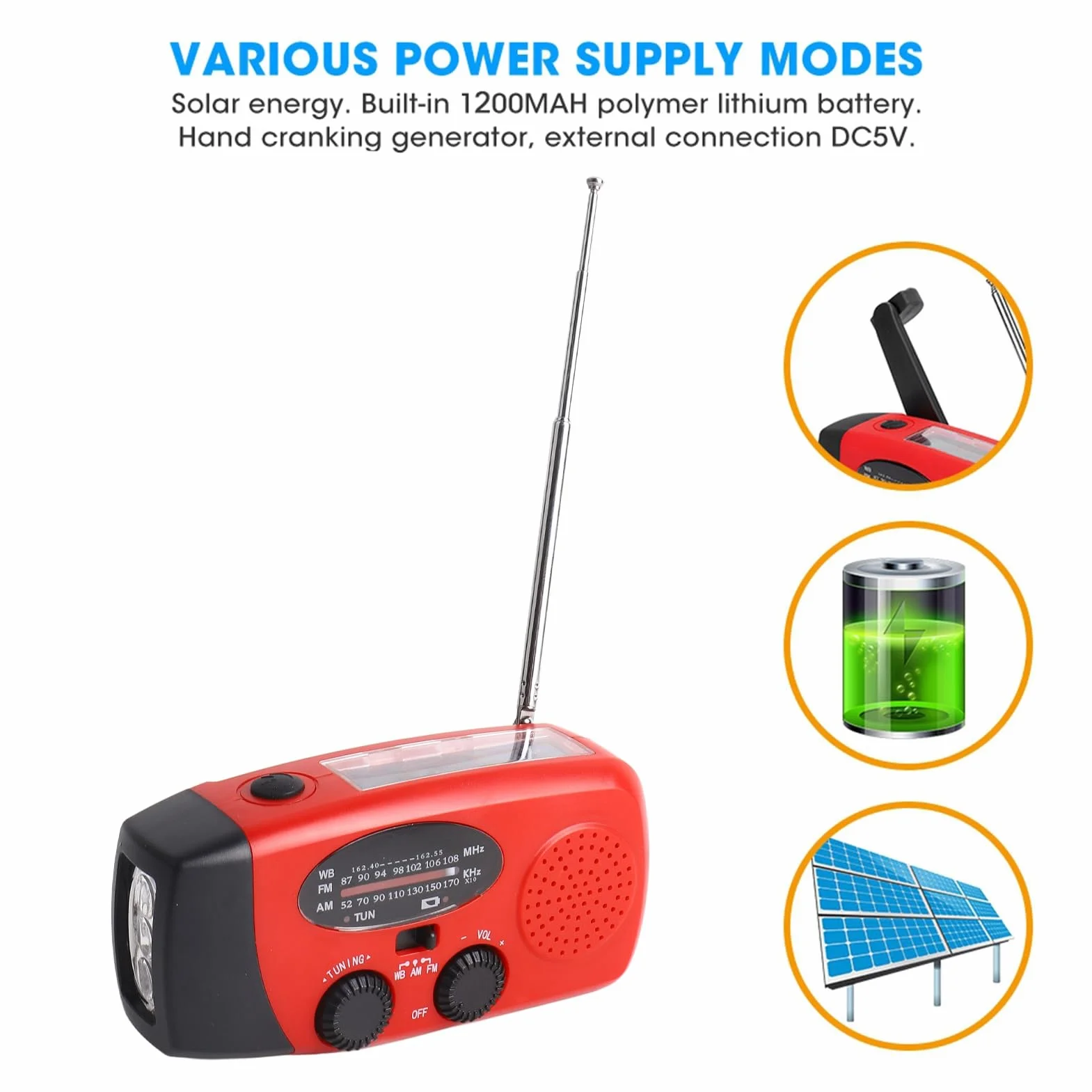 Solarne radio z korbą ręczną, przenośne radio awaryjne AM/FM do zewnętrznej ładowarki USB generuje energię elektryczną, ładowanie słoneczne, światło LED, zapobieganie katastrofom z funkcją NOAA
