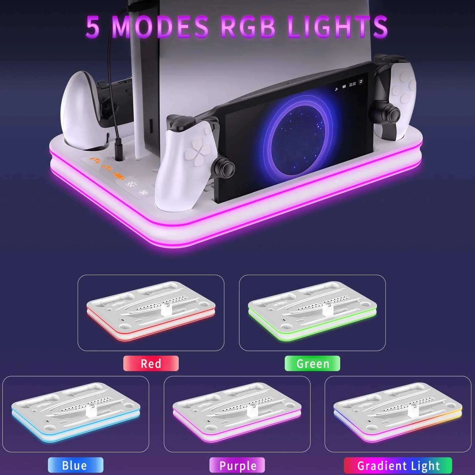 PS5 Pro/PS5/PS5 smukły stojak i stacja chłodząca z diodami LED RGB, stacja ładująca portal PS, stojak chłodzący PS5 z 3-poziomowym wentylatorem chłodzącym, akcesoria do portalu PS (biały)
