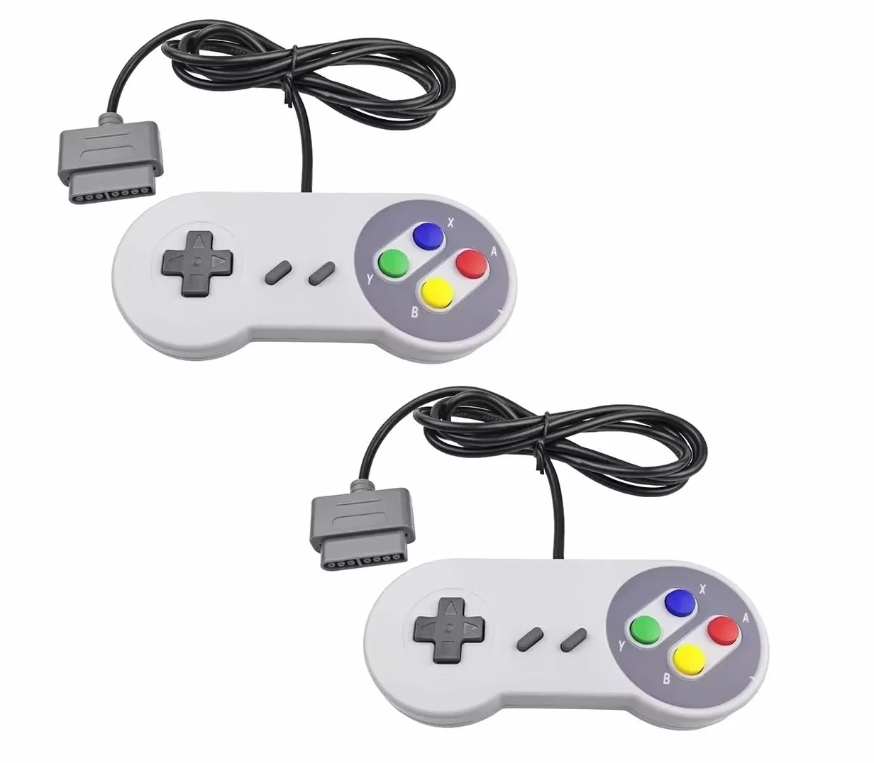 Zestaw 2 kontrolerów retro + 2 x kabel przedłużający 1,8 m – kompatybilny z SNES / Super Nintendo – Gamepad dwupak do klasycznych konsol 16-bitowych
