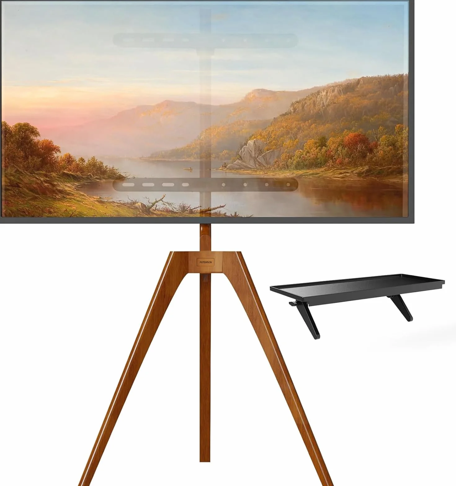 PUTORSEN Drewniany stojak na telewizor premium, regulowany statyw pod telewizor do ekranu LCD 117-165 cm, z górną półką na telewizor i magnetycznym ukrytym zarządzaniem kablami, maksymalne obciążenie
