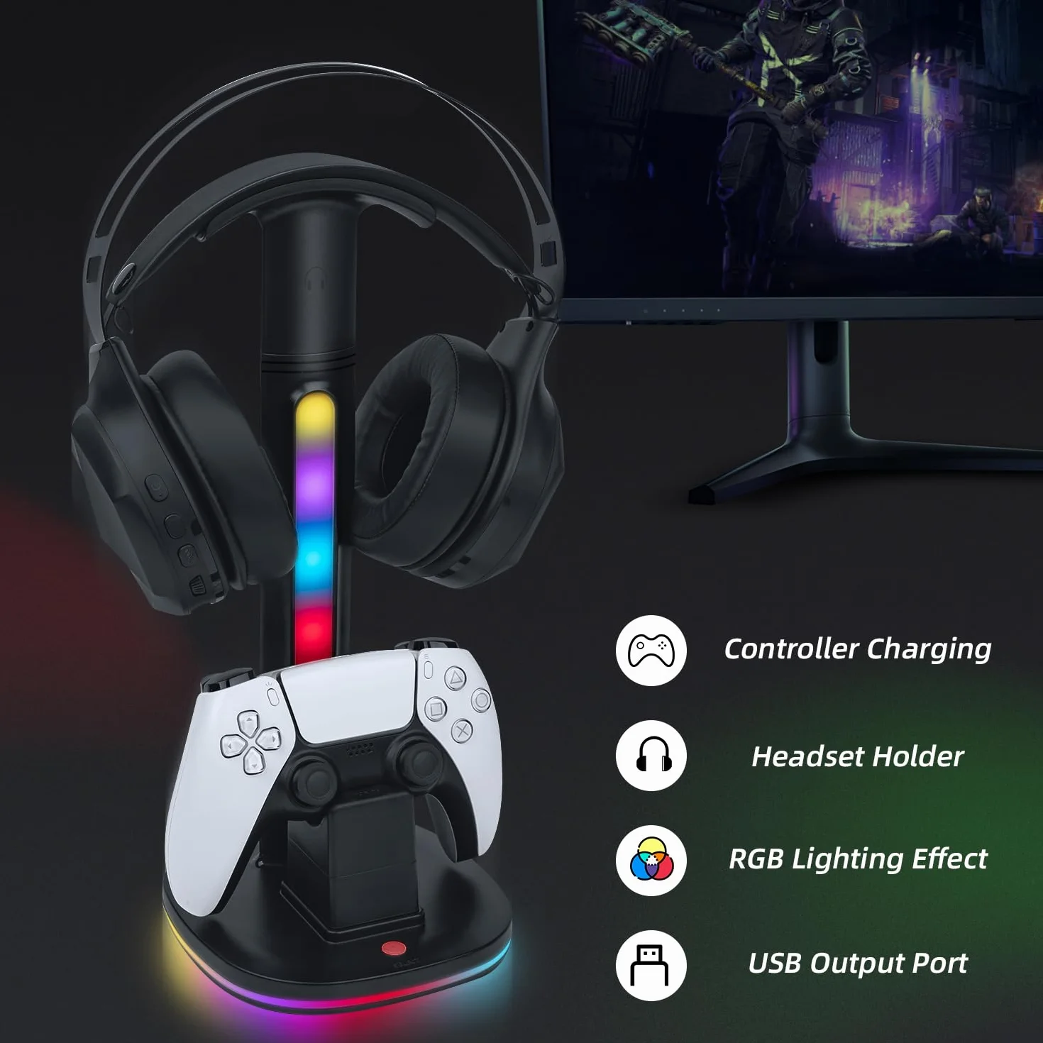 Mcbazel Stacja ładująca kontrolera PS5 ze stojakiem na słuchawki do gier RGB, szybka stacja ładująca z 2 portami USB do PS5 i kontrolera DualSense Edge, organizer na biurko RGB, czarny (nie dla PS5