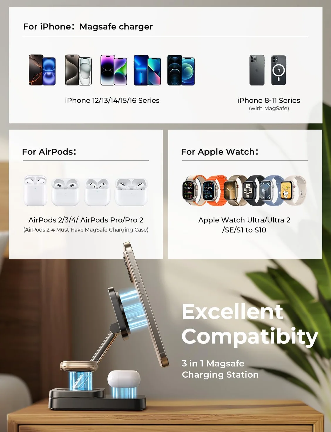 LISEN Stacja ładująca 3 w 1, stacja ładująca Magsafe z wieloma urządzeniami, bezprzewodowa ładowarka, wygodne dopasowanie do Apple Watch Airpods