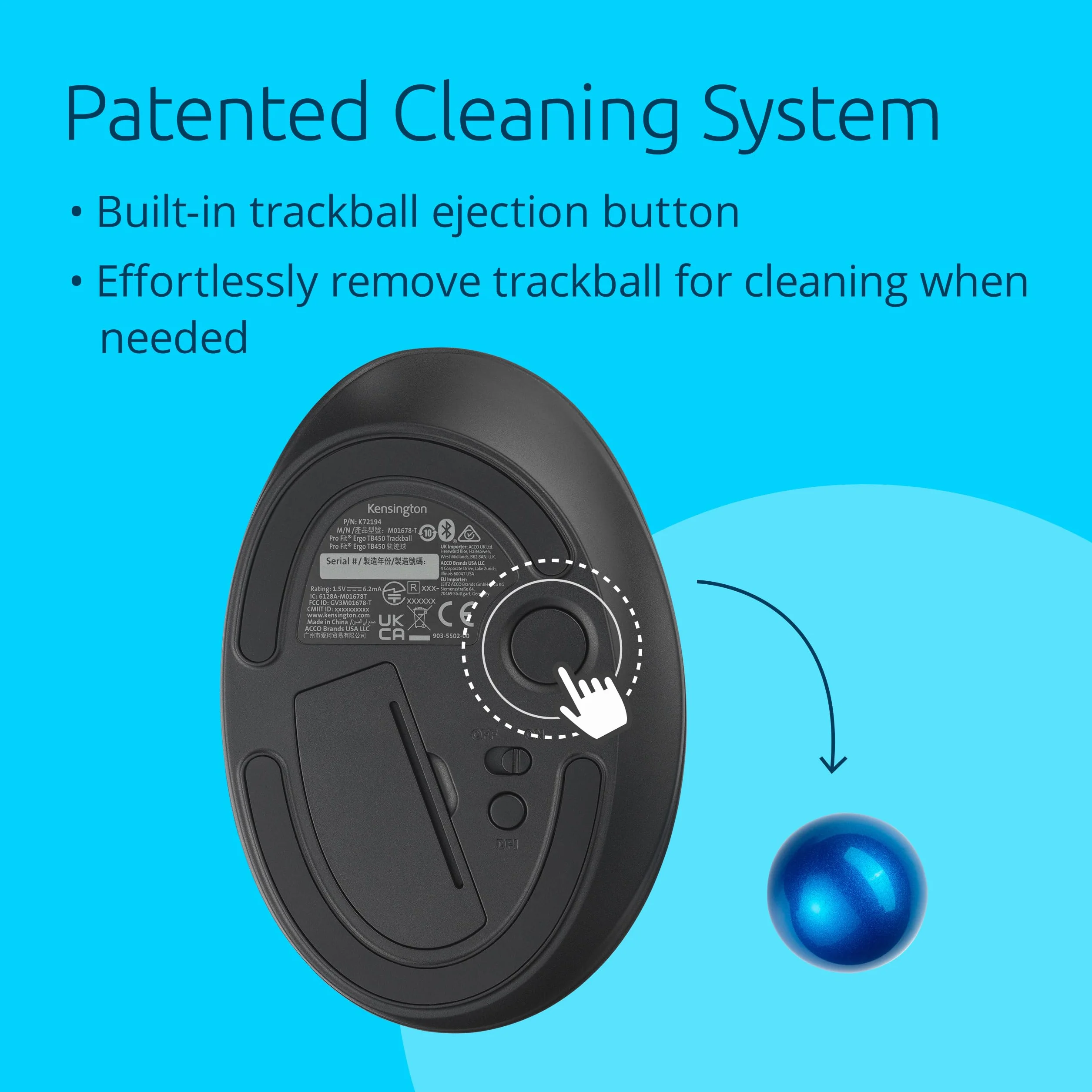 Kensington Trackball Pro Fit Ergo TB450 Bluetooth 2.4 GHz, Podwójna Łączność, do 18 Miesięcy Życia Baterii, Ergonomiczna Mysz, 34 mm, Obsługiwana Kciukiem, 50% Plastiku z Recyklingu (K72194WW)