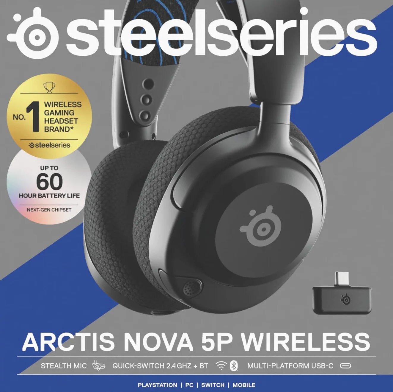 SteelSeries Arctis Nova 5P -słuchawki wi-fi do gier –neodymowe przetworniki magnetyczne –Ponad 100 ustawień wstępnych dźwięku– 60 godz baterii –2,4 GHz lub BT –Mik. Gen2.X – PS5, PS4, PC,Switch,mobile