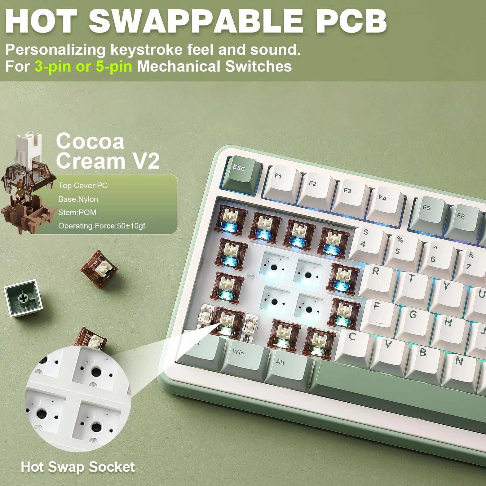 YUNZII B75 PRO Bezprzewodowa Klawiatura Mechaniczna,75% Uszczelka Klawiatury Do Gier Hot Swap Keyboard Z Pokrętłem, BT/Type-C/2.4G Kremowa Klawiatura (zielony, Cocoa Cream V2 Switch)
