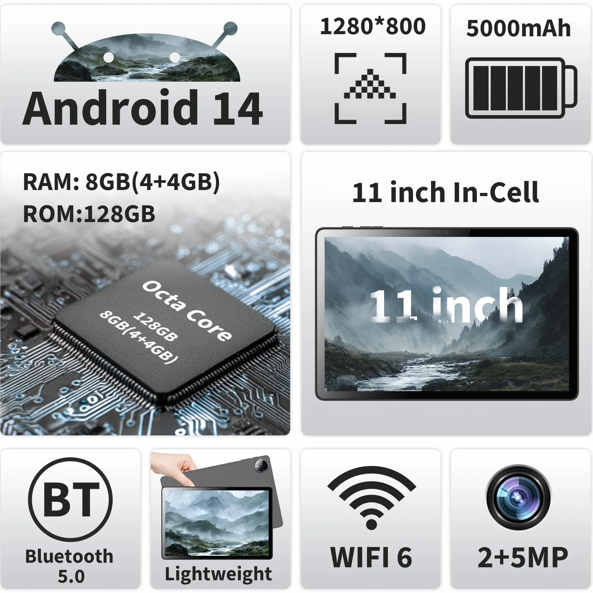 Veidoo Tablet 27.9 cm, tablet z systemem Android z 8 GB (rozszerzenie 4+4) RAM, 128 GB ROM, 1 TB Expand, ekran dotykowy HD 1280 x 800, procesor Octa-Core, WiFi 6, BT 5.0, podwójny aparat (szary)
