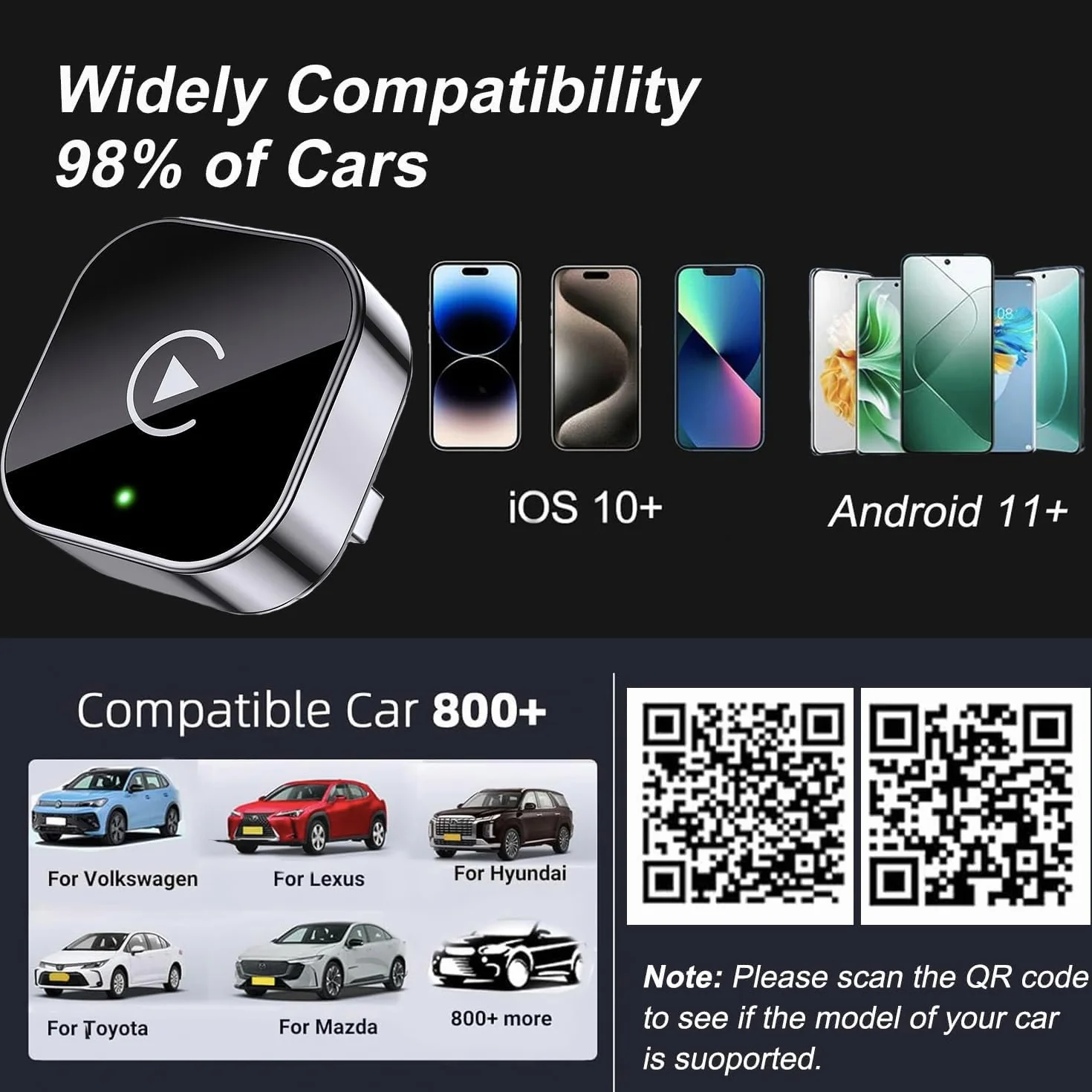Adapter CarPlay Wireless 2025, aktualizacja OTA, pasuje do samochodów z 2016 i nowszych z CarPlay, współpracuje z iPhone iOS 11+ i Android Auto, Mini i Stable, automatyczne ponowne łączenie.