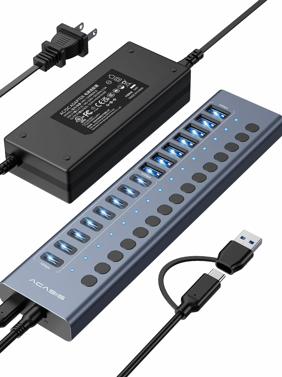 Zasilany koncentrator USB 3.2, ACASIS 16 portów, koncentrator USB 3.2 (8 portów USB-A 3.2 + 8 portów USB-C 3.2), aluminiowy hub USB zasilany zasilaczem 96 W, hub USB do PC/laptopa, komputera