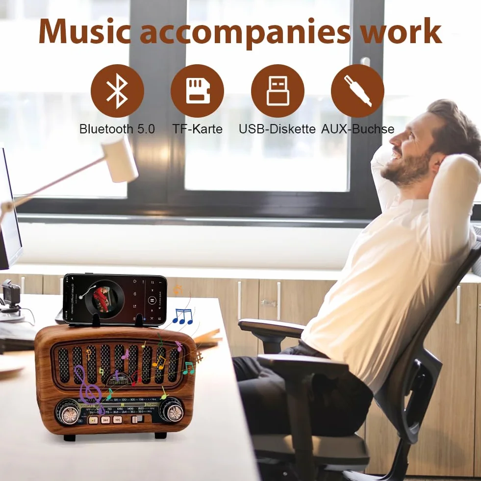 Radio retro z Bluetooth 5.0, AM/FM/SW retro, nostalgiczne małe radio walizkowe, radio kuchenne z dużym głośnikiem 5 W, obsługuje funkcję USB/TF/TWS, proste radio dla seniorów (brązowe)