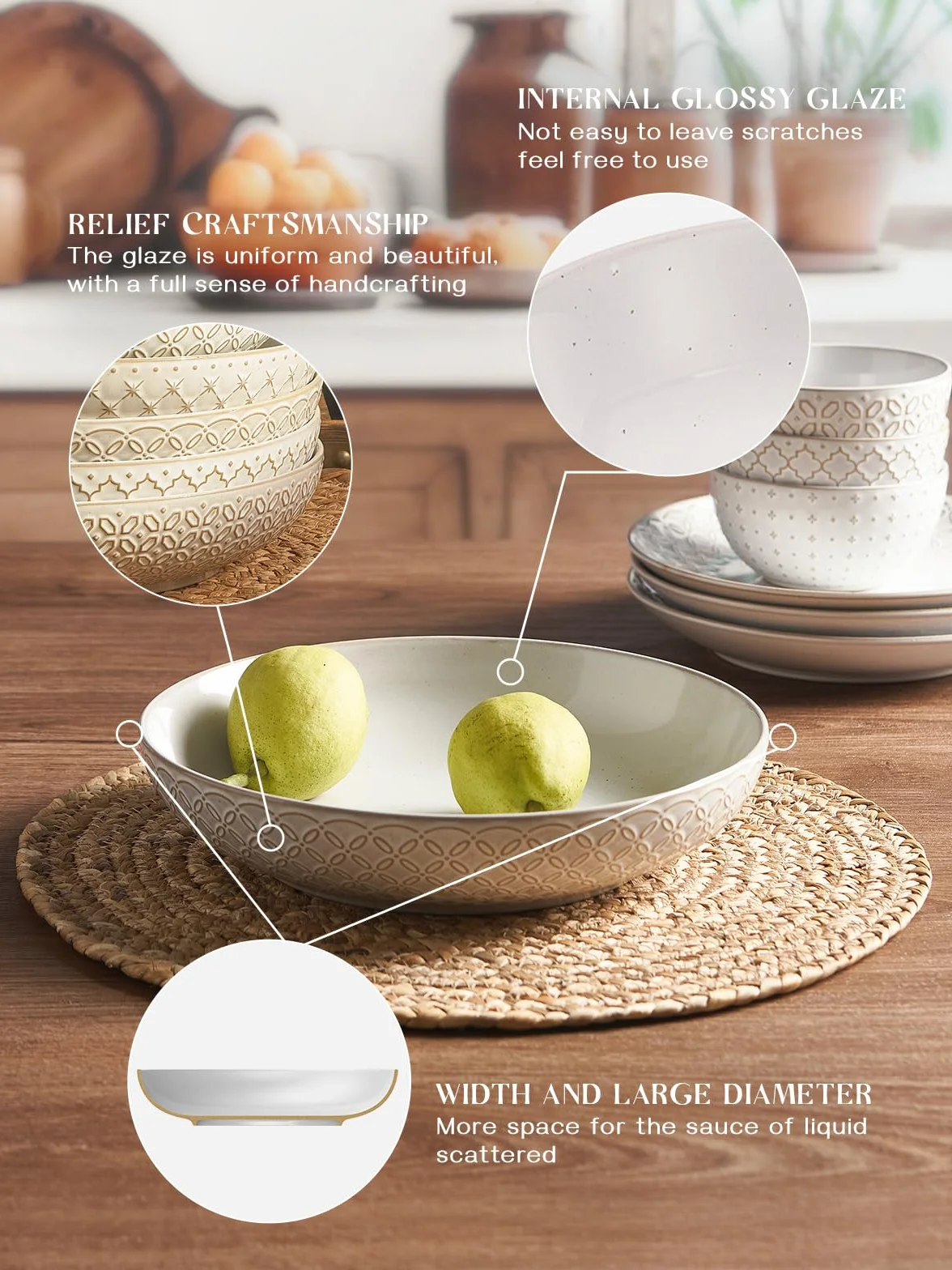 DOWAN Duże miski do makaronu, zestaw 4 sztuk, Ø 24,5 cm, salaterka, szerokie i głębokie talerze obiadowe, porcelanowe miski do serwowania, do makaronu, zupy, sałatki, gulaszu, owoców, makaronu