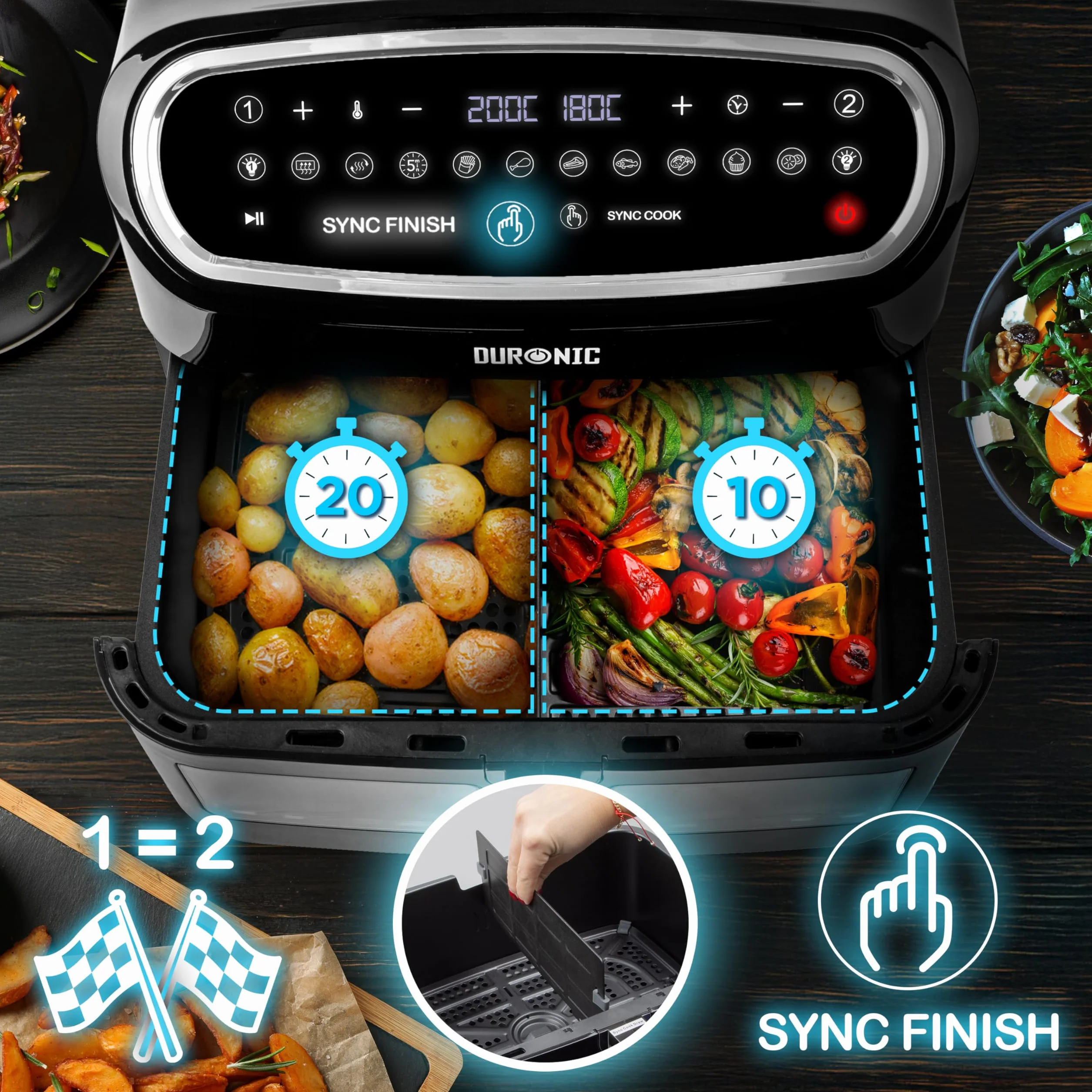 Duronic AF14 BK Airfryer XXL z dużą komora 10l l | frytkownica beztłuszczowa na gorące powietrze wielofunkcyjna podwójna